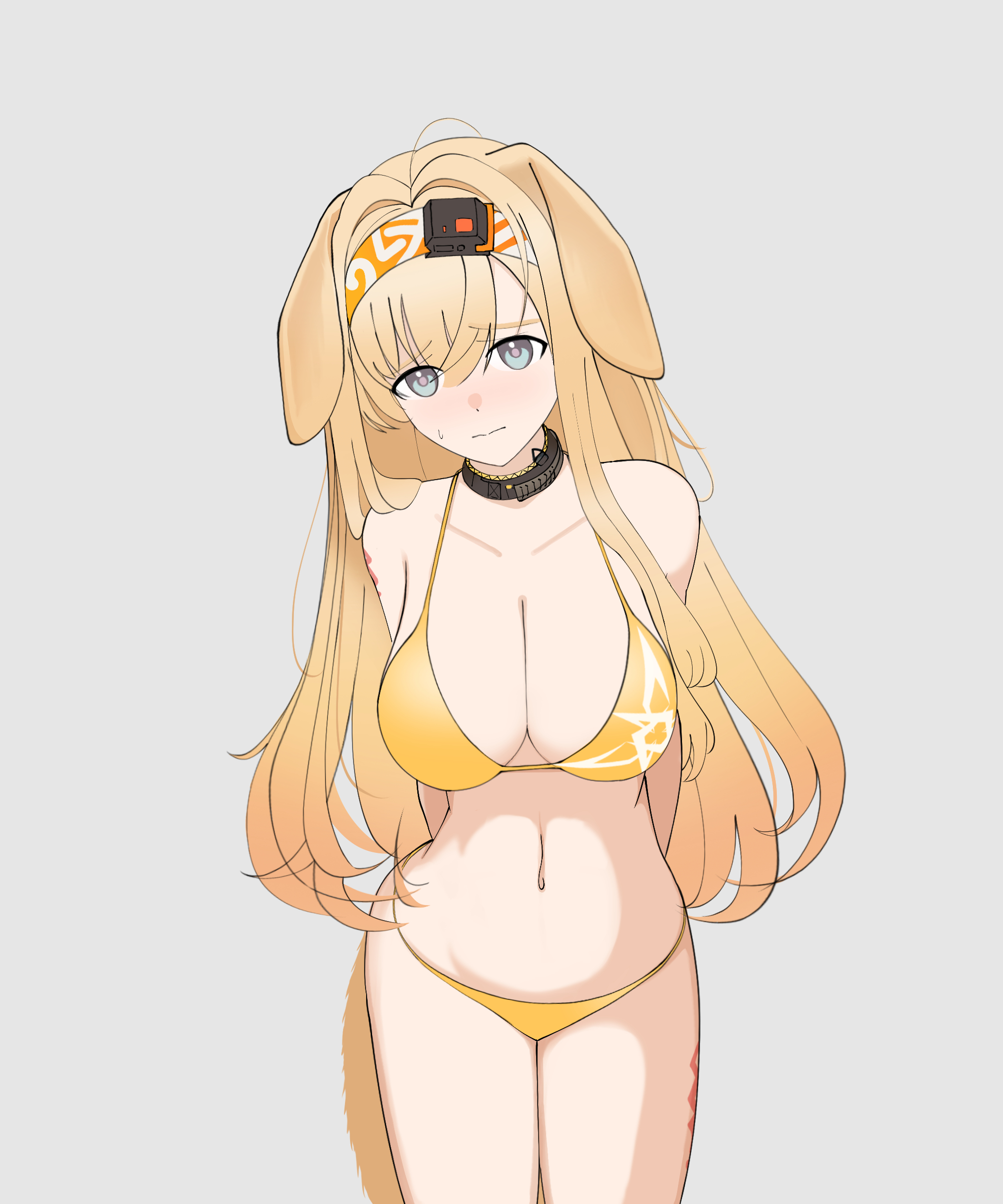 kinoko hakushaku, brigid (arknights), arknights, absurdres, highres, 1girl, animal ears, arms behind back, bikini, blonde hair, blue eyes, breasts, cleavage, closed mouth, cowboy shot, dog ears, dog girl, dog tail, embarrassed, grey background, hair between eyes, hairband, long hair, looking at viewer, navel, simple background, solo, standing, swimsuit, tail, yellow bikini, yellow hairband