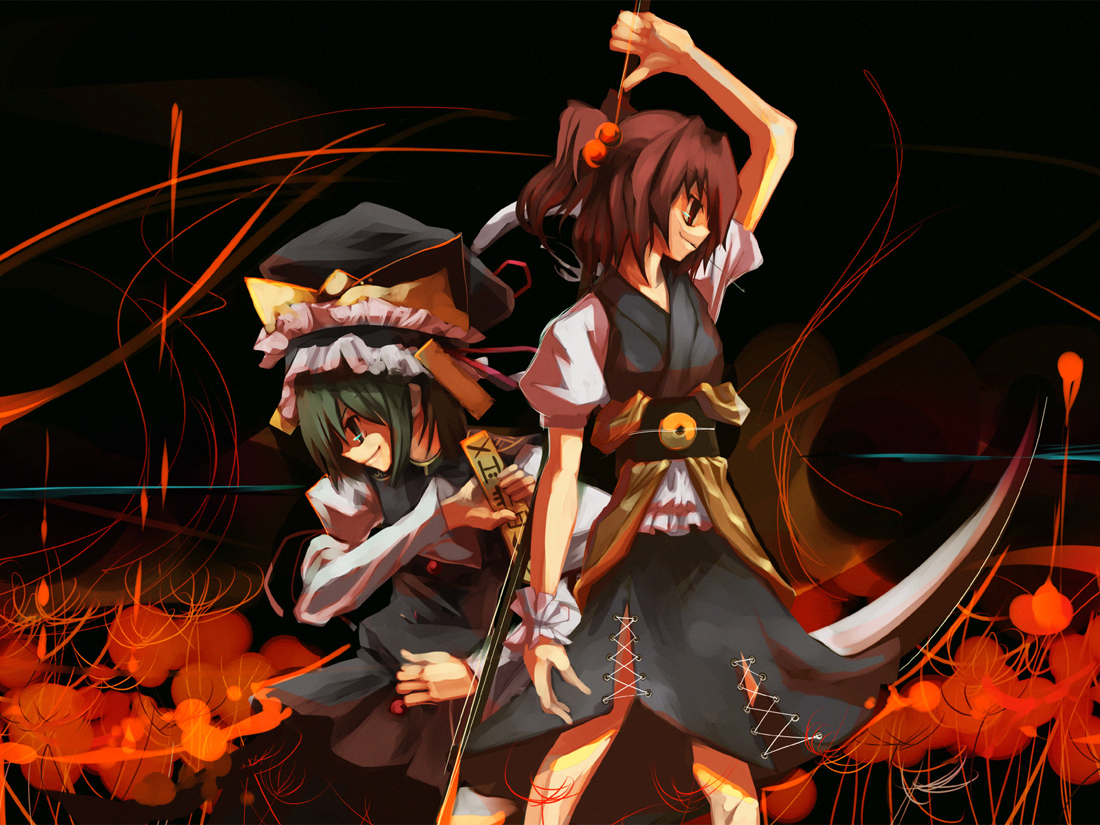 shimadoriru, onozuka komachi, shiki eiki, touhou, highres, 2girls, back-to-back, black background, black skirt, buttons, closed mouth, crown, female focus, flower, green eyes, green hair, hair bobbles, hair ornament, hat, juliet sleeves, long sleeves, multiple girls, puffy short sleeves, puffy sleeves, red flower, red hair, red ribbon, ribbon, rod of remorse, scythe, short hair, short sleeves, short twintails, skirt, spider lily, twintails, white sleeves, wide sleeves, wrist cuffs
