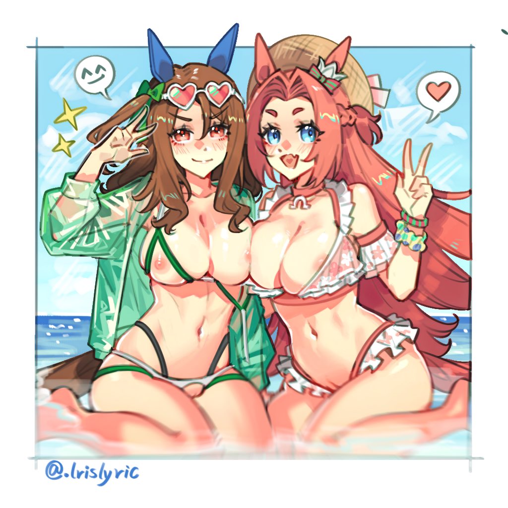 baobao771100, kawakami princess (umamusume), king halo (umamusume), umamusume, commentary request, 2girls, alternate costume, animal ears, areola slip, bikini, blue sky, blush, breast press, breasts, brown hair, brown hat, cleft of venus, crotchless, crotchless bikini, cupless bikini, day, ear covers, eyewear on head, frilled bikini, frills, green jacket, hair intakes, hat, heart, heart-shaped eyewear, horizon, horse ears, horse girl, horse tail, jacket, large breasts, long hair, looking at viewer, multiple girls, navel, nipples, ocean, open clothes, open jacket, open mouth, pussy, sky, smile, spoken heart, stomach, sun hat, swimsuit, symmetrical docking, tail, thighs, v-shaped eyebrows, w, white-framed eyewear