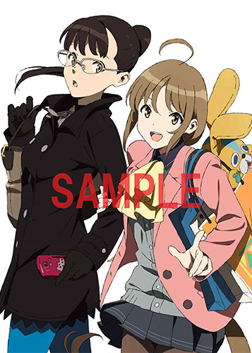 aikawa miyuu, kurenaino aria, occultic;nine, science adventure, lowres, official art, 2girls, ahoge, bag, black gloves, black jacket, blue pantyhose, brown eyes, brown hair, cardigan, coat, glasses, gloves, grey cardigan, grey neckerchief, jacket, long hair, looking at another, miniskirt, multiple girls, neckerchief, open mouth, pantyhose, pink coat, pleated skirt, pointing, pointing at viewer, sample watermark, school uniform, skirt, smile, teeth, tongue, upper teeth only, watermark, white background