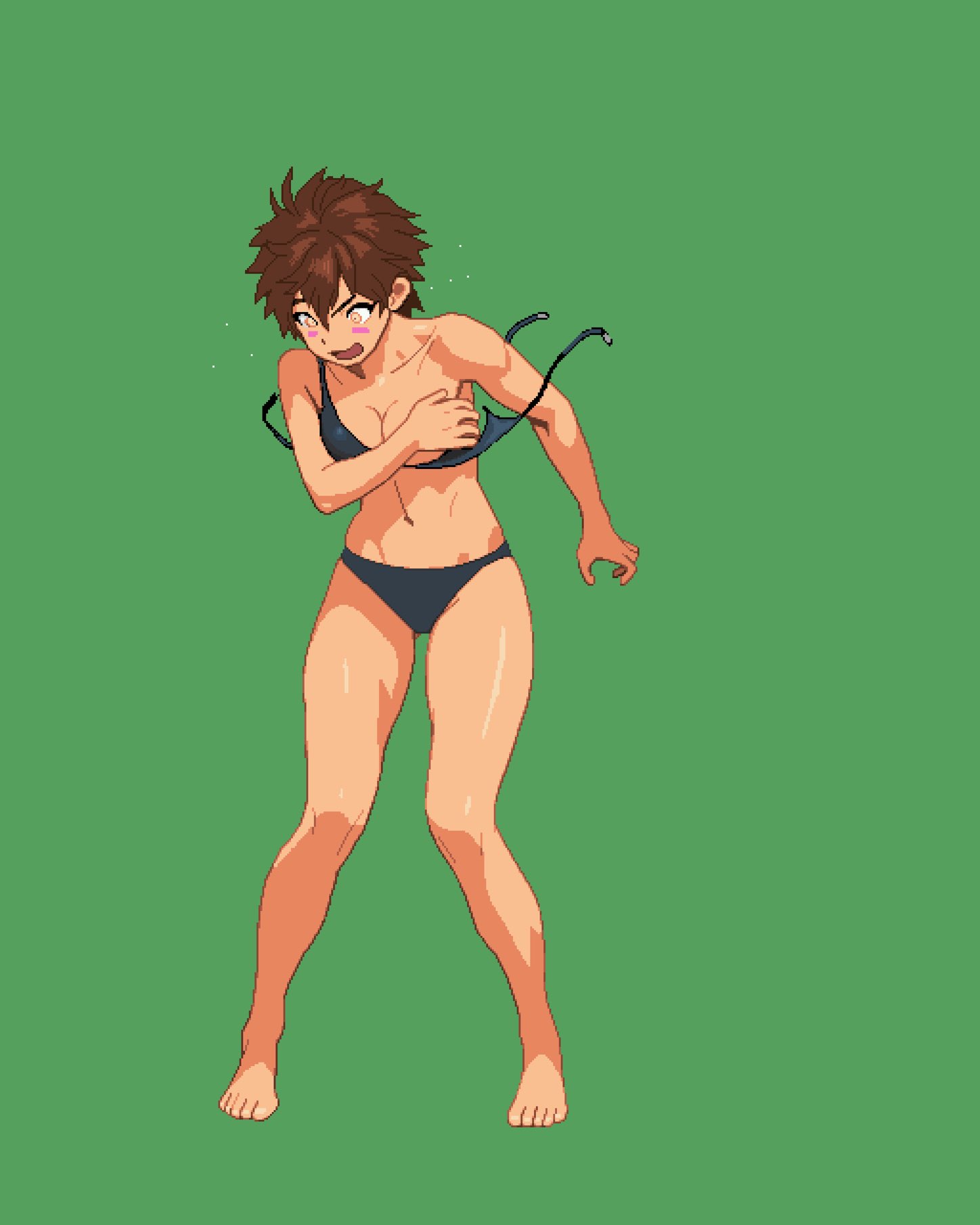 picopico256, kei sakuragi, the scramble vice, commentary, highres, 1girl, barefoot, bikini, black bikini, breasts, brown hair, collarbone, covering breasts, covering privates, embarrassed, navel, open mouth, pixel art, short hair, solo, swimsuit