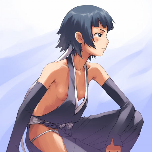 mosha, sui-feng, bleach, 00s, 1girl, bare shoulders, blue eyes, blue hair, blunt bangs, blush, breasts, collarbone, detached sleeves, downblouse, female focus, flat chest, fundoshi, gloves, japanese clothes, matching hair/eyes, nipple slip, nipples, no bra, panties, profile, short hair, short hair with long locks, small breasts, solo, twintails, underwear, white panties