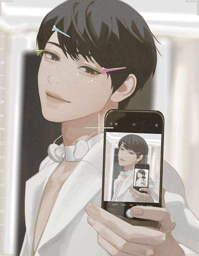 blackbox (blackbox9158), kim dokja, omniscient reader's viewpoint, 1boy, black eyes, black hair, blurry, blurry background, coat, collar, doorway, earphones around neck, fake photograph, glitter makeup, hair ornament, hairclip, holding, holding phone, looking at viewer, male focus, multiple hair clips, multiple views, open collar, pectoral cleavage, pectorals, phone, popped collar, recursion, short hair, smile, sparkle, taking picture, white coat