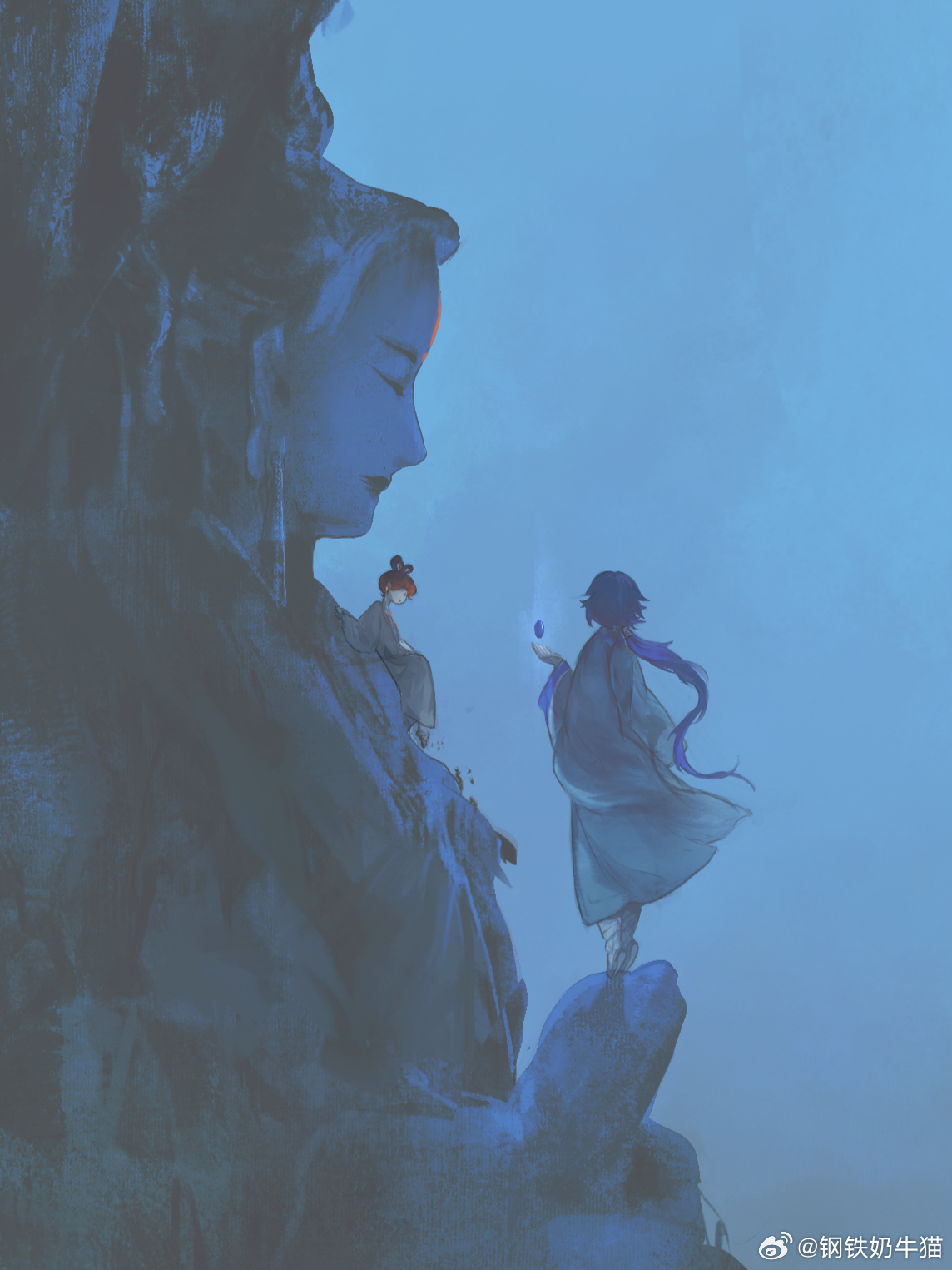laojun (the legend of luoxiaohei), li qingning (the legend of luoxiaohei), lanxi zhen, luo xiaohei zhanji, highres, 1boy, 1girl, blue hair, blue theme, earrings, floating hair, hair rings, jewelry, long hair, profile, standing, statue, very long hair, weibo 7936870118, wide shot, yan ming (the legend of luoxiaohei)