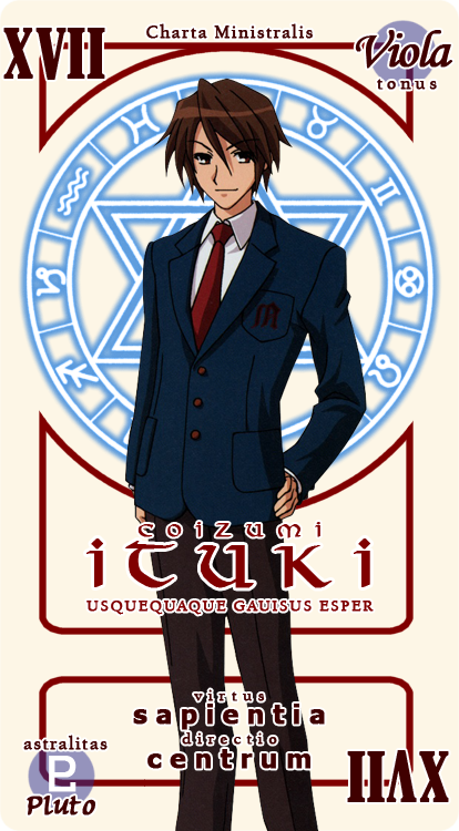 koizumi itsuki, mahou sensei negima!, suzumiya haruhi no yuuutsu, third-party source, translated, 1boy, card, card (medium), character name, male focus, pactio, parody, school uniform, serafuku, solo