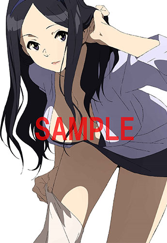 nishizono ririka, occultic;nine, science adventure, shiny lips, lowres, official art, 1girl, black eyes, black hair, breasts, cleavage, grabbing own hair, hairband, holding, holding own hair, long hair, looking at viewer, miniskirt, open clothes, open shirt, purple hairband, red lips, removing thighhigh, sample watermark, simple background, skirt, solo, thighhighs pull, undressing, watermark, white background