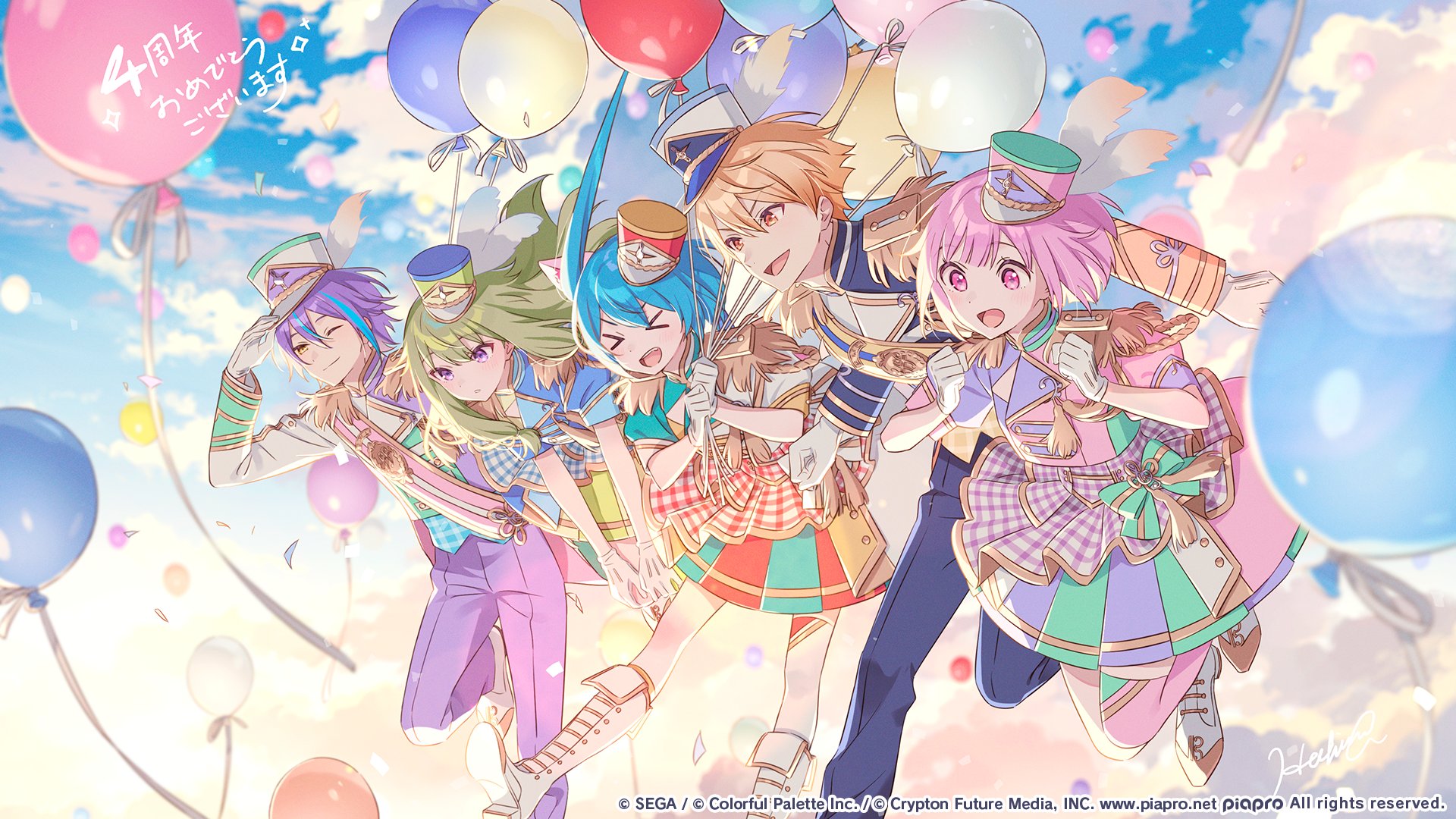 hechima (issindotai), hatsune miku, kamishiro rui, kusanagi nene, ootori emu, tenma tsukasa, wonderlands x showtime miku, project sekai, commentary request, highres, official art, second-party source, translation request, > <, 2boys, 3girls, :d, ;), anniversary, balloon, blonde hair, blue hair, blue pants, blue sky, boots, cloud, confetti, copyright notice, dress, epaulettes, green hair, green hat, guest art, hat, holding, holding balloon, medium hair, multicolored dress, multicolored hair, multiple boys, multiple girls, one eye closed, open mouth, pants, pink dress, pink hair, pink hat, purple hair, purple pants, red hat, sash, sidelocks, sky, smile, streaked hair, tassel, teeth, tongue, twintails, upper teeth only, white boots, white hat, wonderlands x showtime (project sekai), yellow eyes