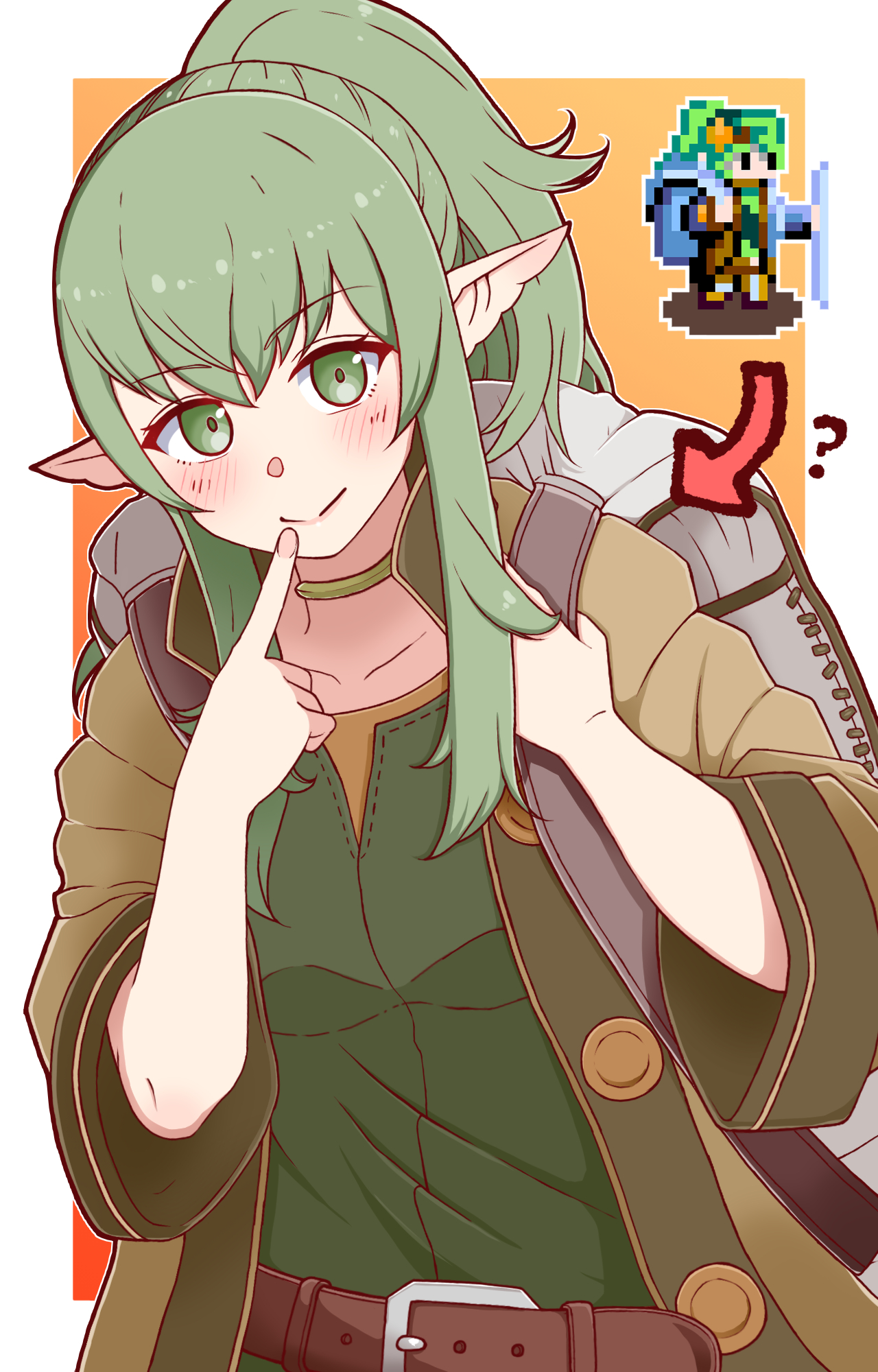 amagumo1023, anna (fire emblem), tiki (adult) (fire emblem), tiki (fire emblem), fire emblem, fire emblem awakening, nintendo, commentary request, highres, 1girl, ?, alternate costume, anna (fire emblem) (cosplay), arrow (symbol), backpack, bag, blush, border, breasts, brown jacket, closed mouth, cosplay, finger to mouth, fingernails, green eyes, green hair, index finger raised, jacket, long hair, looking at viewer, medium breasts, open clothes, open jacket, outside border, pink nails, pixel art, pointy ears, ponytail, sidelocks, simple background, smile, solo, white bag, white border, yellow background