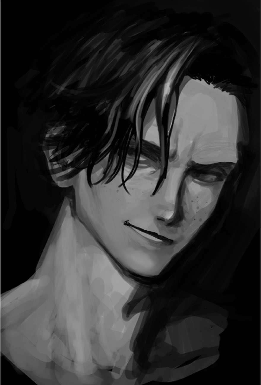 portgas d. ace, one piece, highres, 1boy, freckles, greyscale, looking to the side, male focus, monochrome, portrait, sanadamega, short hair, smile, solo