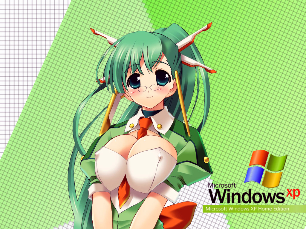 homeko, xp home-tan, xphome, os-tan, blue eyes, blush, breasts, breasts squeezed together, covered erect nipples, glasses, green hair, huge breasts, long hair, solo