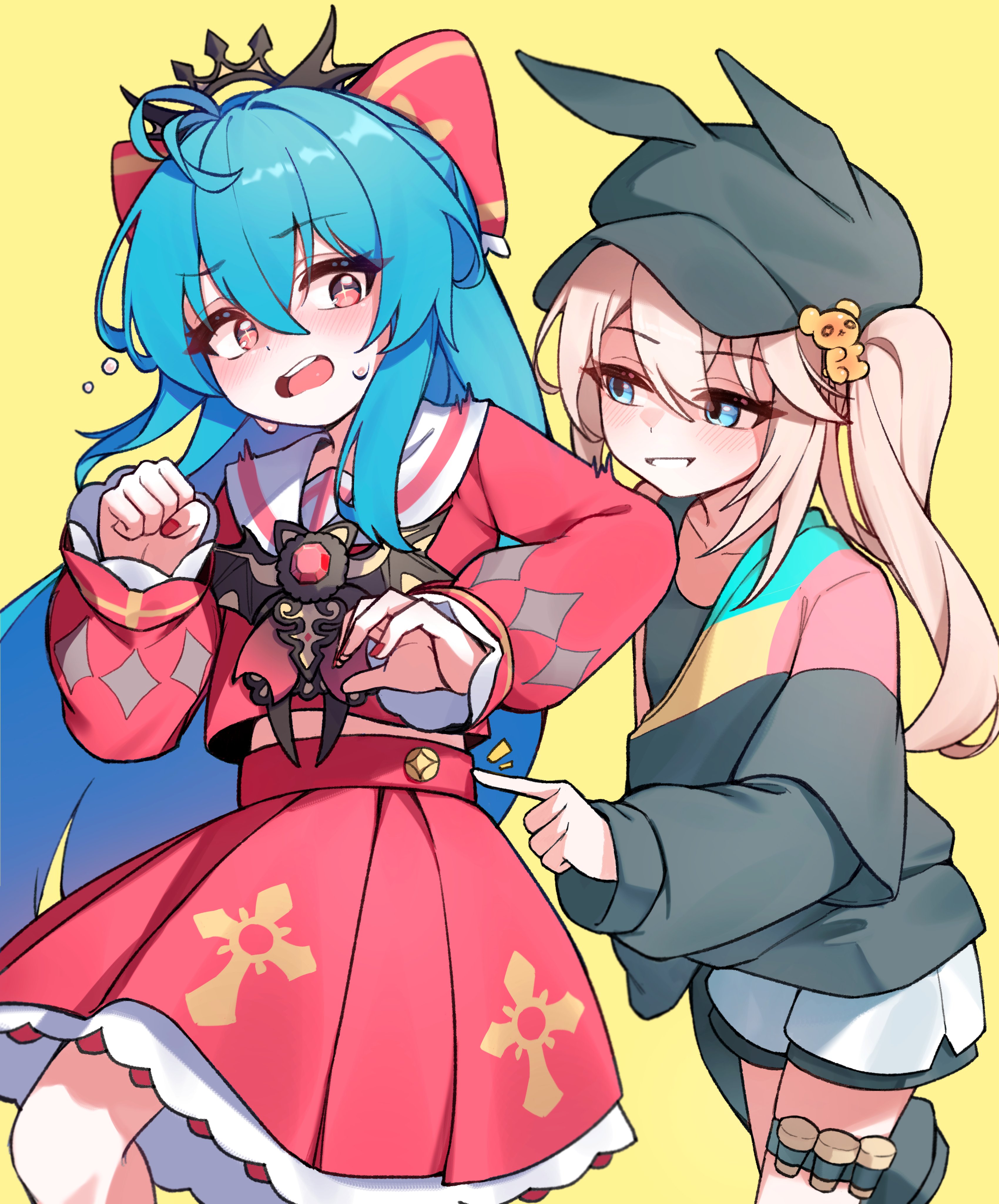 jambujok, bianca (black survival), leni (black survival), black survival, eternal return: black survival, absurdres, highres, 2girls, animal ears, animal hair ornament, antenna hair, black hat, black tank top, blonde hair, blue eyes, bow, brooch, clenched hand, collarbone, cowboy shot, crop top, cropped shirt, cross, cross-shaped pupils, cross print, facing another, facing viewer, fake animal ears, flat chest, flying sweatdrops, gem, green hair, hair bow, hair ornament, hat, hat with ears, holster, jewelry, light blush, long hair, long sleeves, looking at another, midriff peek, multiple girls, nail polish, official alternate costume, open mouth, poking, pouch, puffy sleeves, red bow, red brooch, red eyes, red gemstone, red nails, red shirt, red skirt, sailor collar, shirt, shorts, simple background, single off shoulder, skirt, smile, surprised, sweatdrop, sweater, symbol-shaped pupils, tank top, teeth, thigh holster, thigh pouch, twintails, upper teeth only, very long hair, white shorts, yellow background
