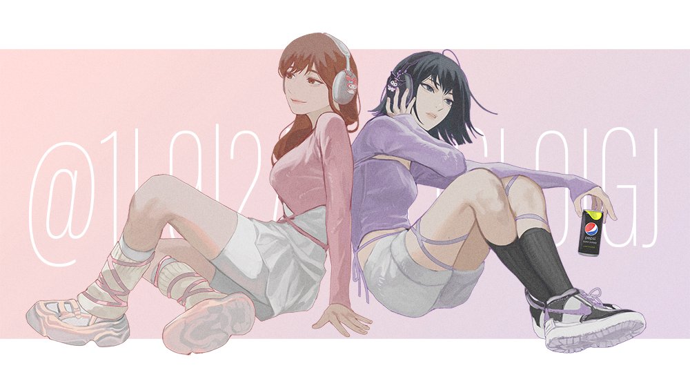 blackbox (blackbox9158), han sooyoung, yoo sangah, omniscient reader's viewpoint, pepsi, 2girls, back-to-back, black socks, brown eyes, brown hair, color coordination, drink, full body, hand on own head, head tilt, headphones, holding, holding drink, implied yuri, letterboxed, midriff, multiple girls, on ground, outside border, pastel colors, pink shirt, pink shoes, shirt, shoes, sitting, skirt, smile, socks, white shirt, white skirt, white socks