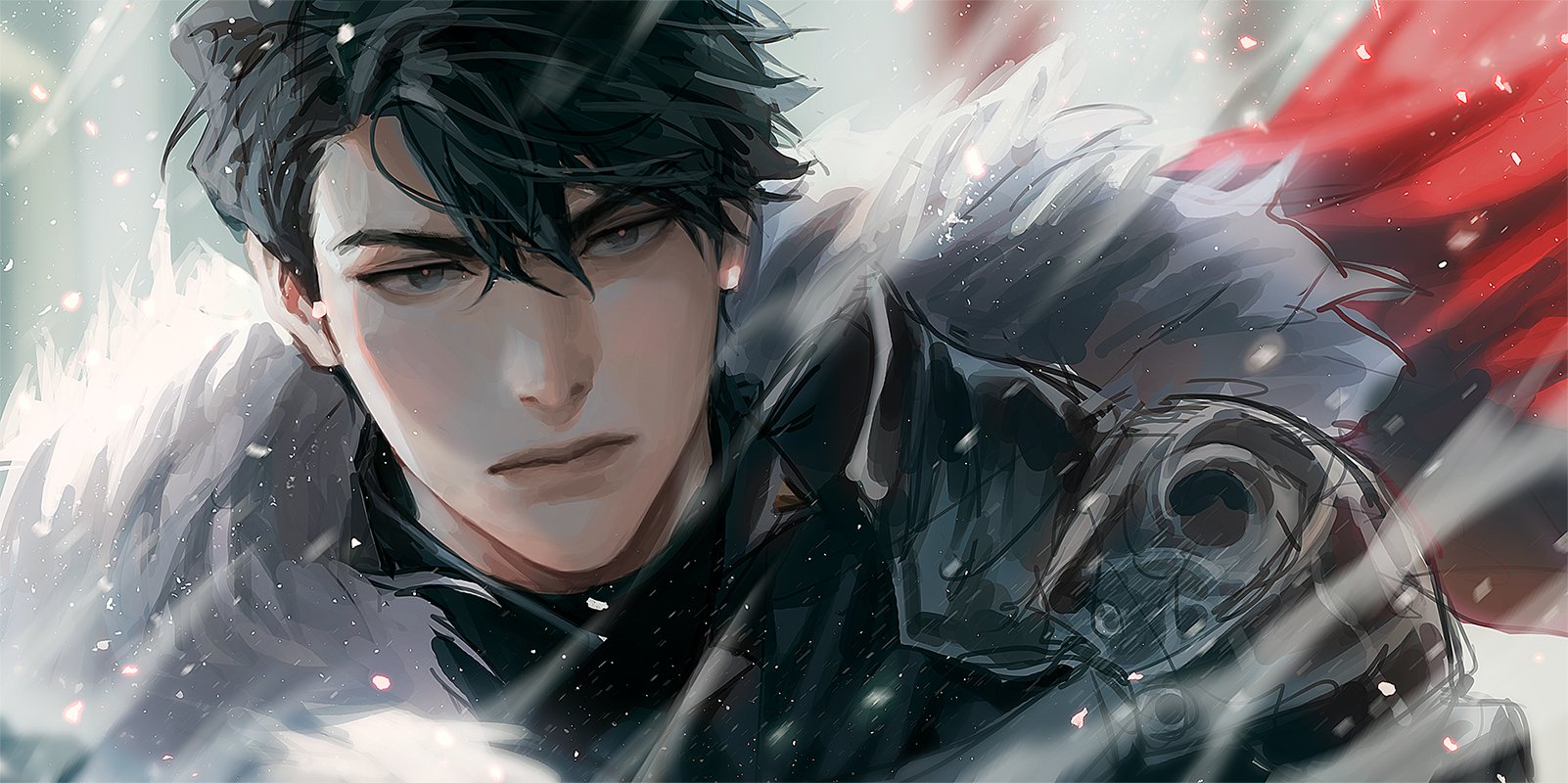 blackbox (blackbox9158), yoo joonghyuk, omniscient reader's viewpoint, highres, 1boy, armor, black eyes, black hair, black shirt, blurry, blurry background, crew neck, curtained hair, embers, fur collar, male focus, portrait, serious, shirt, short hair, shoulder armor, solo