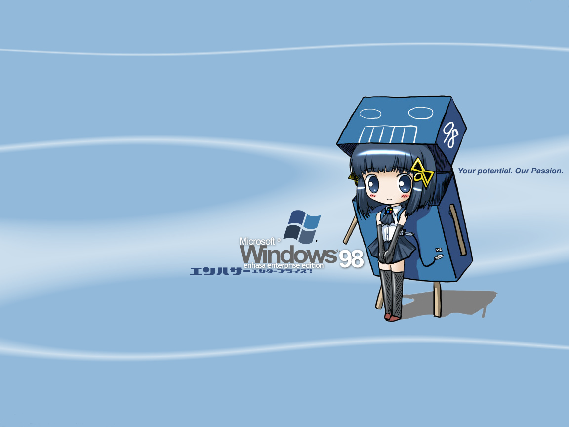 98-tan, microsoft windows, os-tan, windows 98, windows classic, 1girl, black hair, black thighhighs, blue background, blue eyes, blunt bangs, blush, female focus, full body, hair ornament, hairpin, looking at viewer, simple background, solo, standing, thighhighs, zettai ryouiki