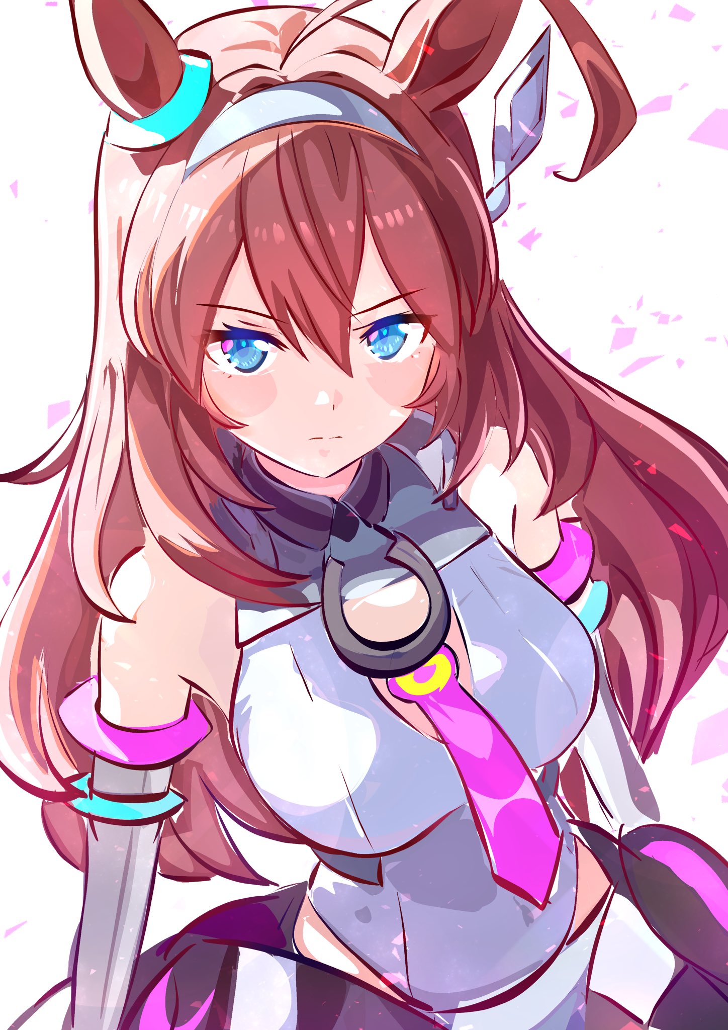 kanon (user rrhr4244), mihono bourbon (umamusume), umamusume, highres, 1girl, ahoge, animal ears, blue eyes, blush, breasts, brown hair, closed mouth, grey hairband, grey leotard, grey sleeves, hair between eyes, hair ornament, hairband, horse ears, horse girl, large breasts, leotard, long hair, looking at viewer, mihono bourbon (mb-19890425) (umamusume), necktie, pink necktie, silver hairband, simple background, solo, upper body