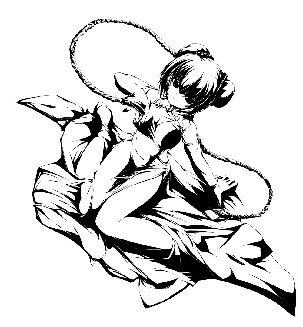 akatsuki shimeji, nakazawa hinoto, wang liu mei, gundam, gundam 00, 00s, 1girl, bun cover, china dress, chinese clothes, dress, female focus, greyscale, monochrome, solo