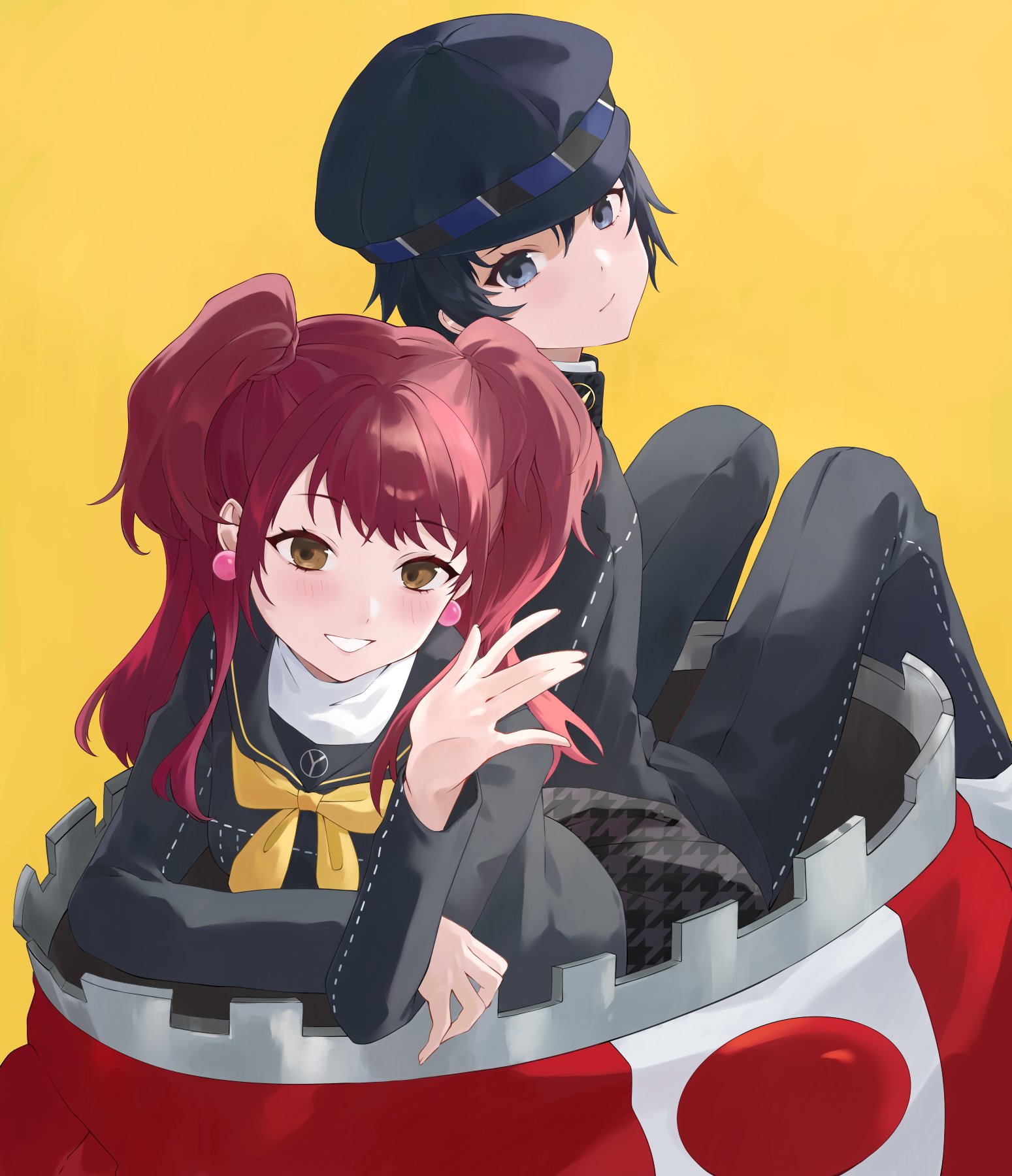 konchi (63438789), kujikawa rise, kuma (persona 4), shirogane naoto, persona, persona 4, commentary request, highres, 2girls, black jacket, black pants, black sailor collar, black skirt, blue hat, blush, brown hair, closed mouth, earrings, gakuran, grin, hat, jacket, jewelry, long hair, long sleeves, looking at viewer, multiple girls, neckerchief, newsboy cap, pants, sailor collar, school uniform, short hair, simple background, sitting, skirt, smile, twintails, yasogami school uniform, yellow background, yellow neckerchief