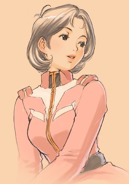 sano toshihide, mirai yashima, gundam, mobile suit gundam, sunrise (company), 1girl, black eyes, black hair, breasts, female focus, lips, military, military uniform, short hair, simple background, solo, upper body