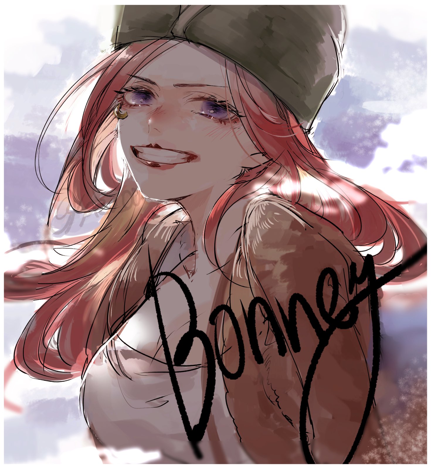 sazu 00, jewelry bonney, one piece, commentary, highres, symbol-only commentary, 1girl, anti-eyebrow piercing, blush, brown jacket, character name, clenched teeth, face piercing, floating hair, hat, jacket, long hair, looking at viewer, outdoors, piercing, pink hair, purple eyes, smile, solo, teeth, upper body