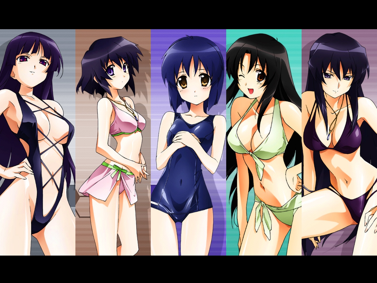 shiba, tsunashima shirou, kawamoto satsuki, kousaka minami, shiva (jinki), tsuzaki aoba, tsuzaki shizuka, jinki, 00s, 5girls, aged down, bikini, bikini skirt, black hair, blue hair, breasts, cleavage, column lineup, covered navel, front-tie top, hand on own hip, highleg, highleg bikini, hime cut, hip focus, jewelry, large breasts, letterboxed, medium breasts, midriff, multiple girls, navel, necklace, one-piece swimsuit, one eye closed, open mouth, pink eyes, purple eyes, red eyes, school swimsuit, short hair, skin tight, slingshot swimsuit, smile, swimsuit, wink, yellow eyes