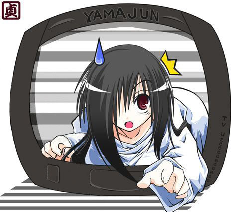 yamamura sadako, the ring, lowres, 1girl, ^^^, black hair, chibi, female focus, hair over one eye, red eyes, solo, surprised, sweatdrop, television, through medium, through screen