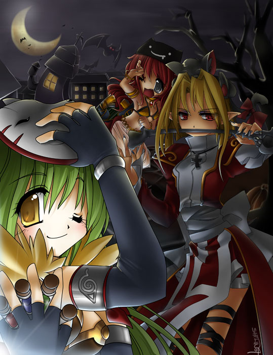 shilin, alchemist (ragnarok online), dancer (ragnarok online), gypsy (ragnarok online), high priest (ragnarok online), ragnarok online, md5 mismatch, resized, 3girls, alchemist, armlet, bat (animal), blonde hair, blue eyes, bracelet, crescent moon, cross, dancer, deviruchi hat, drooping cat, elbow gloves, fingerless gloves, fox mask, gloves, green hair, hat, headband, high priestess, jewelry, konohagakure symbol, long hair, mask, moon, multiple girls, night, one eye closed, open mouth, pointy ears, potion, priestess, red eyes, red hair, smile, test tube, wince, wink, wristband, yellow eyes