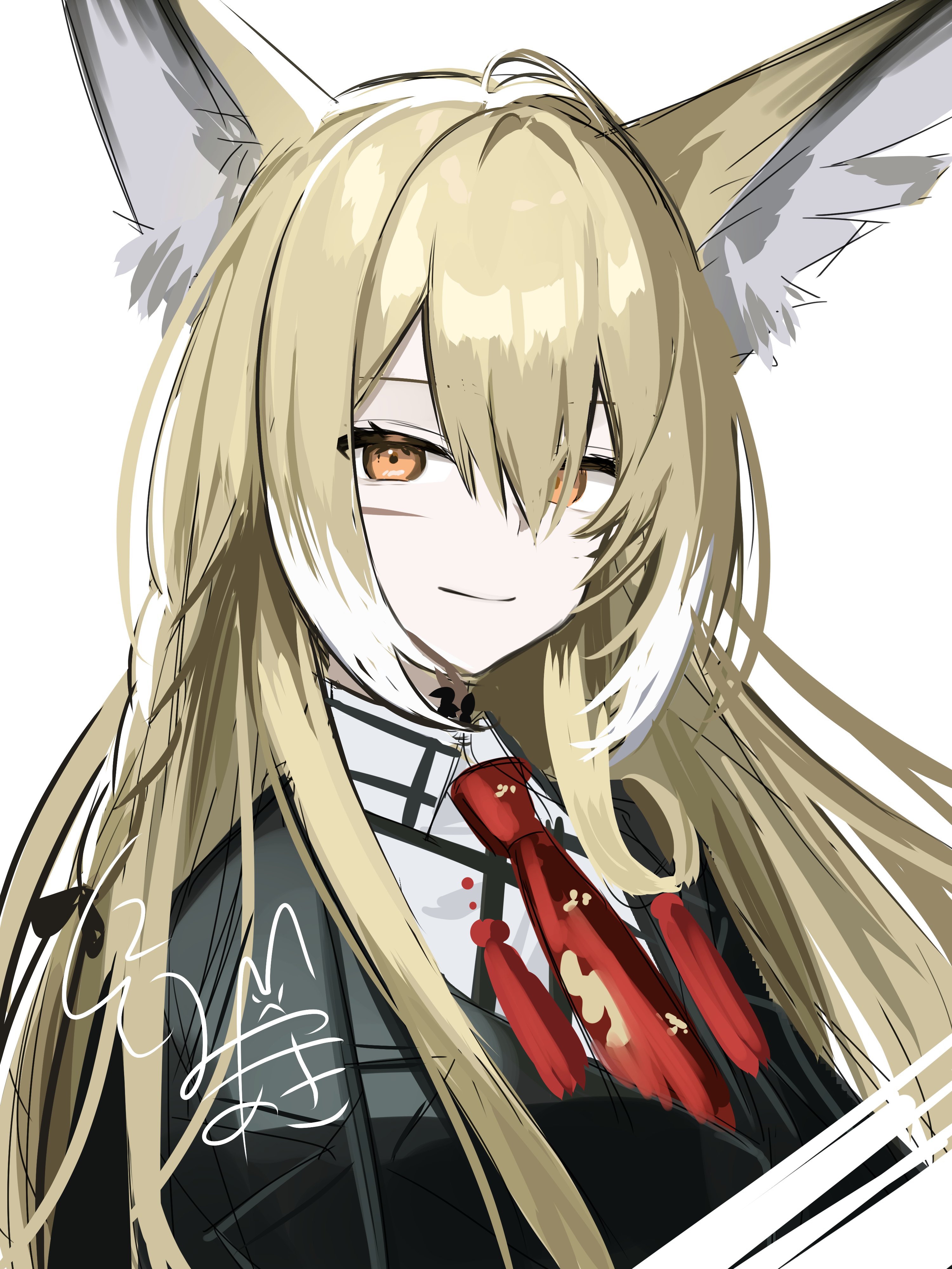 nishimiya aki, vulpisfoglia (arknights), arknights, absurdres, commentary, highres, animal ears, black jacket, blonde hair, closed mouth, collared shirt, facial scar, hair between eyes, jacket, long hair, looking at viewer, multicolored hair, necktie, one-hour drawing challenge, red necktie, scar, scar on cheek, scar on face, shirt, signature, simple background, sketch, smile, streaked hair, white background, white hair, white shirt, yellow eyes