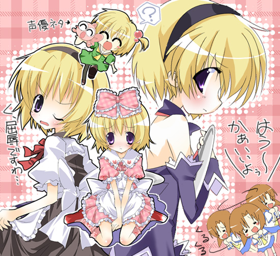 paco, houjou satoko, ryuuguu rena, higurashi no naku koro ni, plaid, 00s, 2girls, alternate costume, angel mort, apron, blonde hair, bow, chibi, chibi inset, detached collar, enmaided, hairband, looking back, maid, maid apron, multiple girls, neck ribbon, puffy sleeves, purple eyes, ribbon, school uniform, serafuku, short hair, short sleeves, sitting, take it home, unmoving pattern, wariza, wince