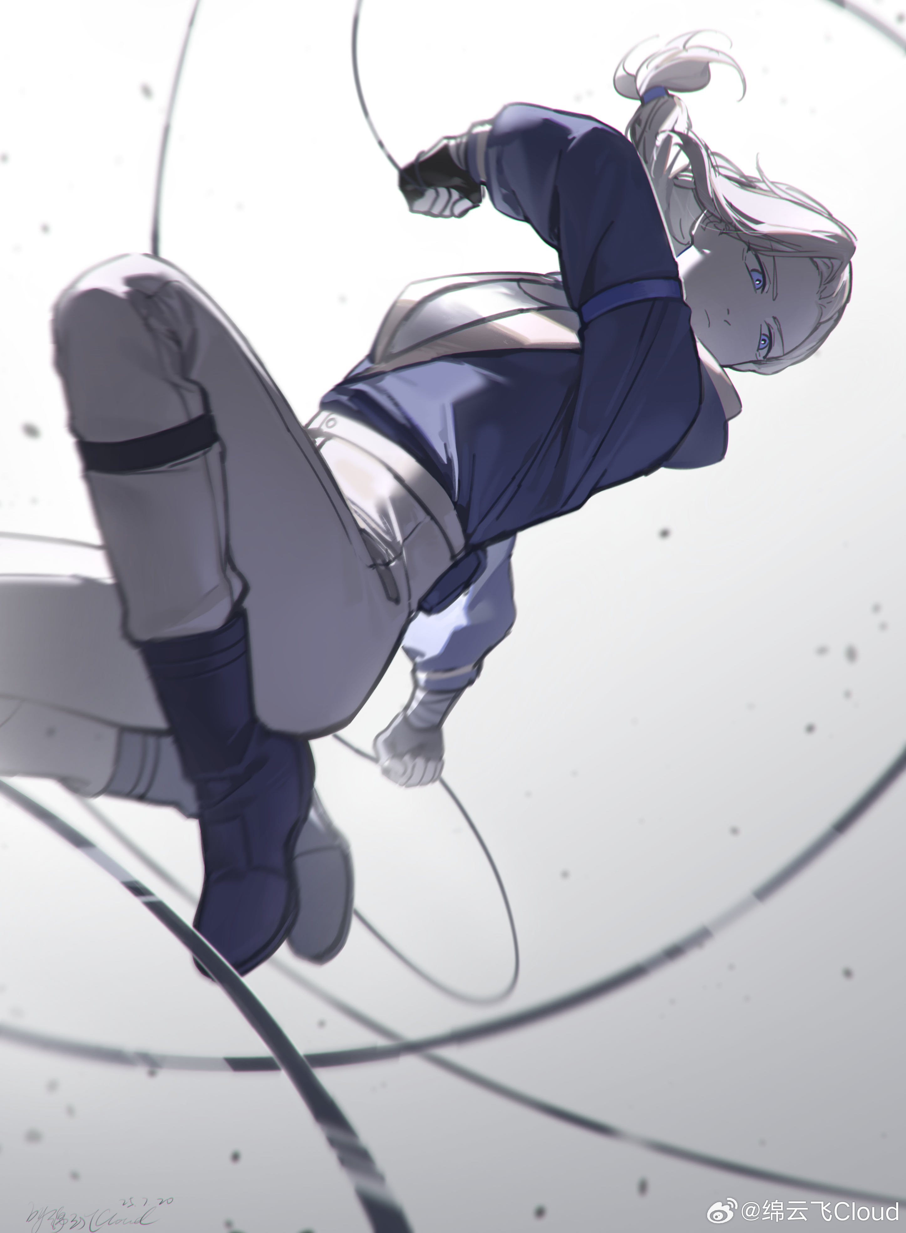 luo xiaohei zhanji, absurdres, highres, 1girl, black boots, blue eyes, blue jacket, boots, expressionless, grey hair, jacket, luye (the legend of luoxiaohei), pants, ponytail, solo, weibo 7546478185, white pants