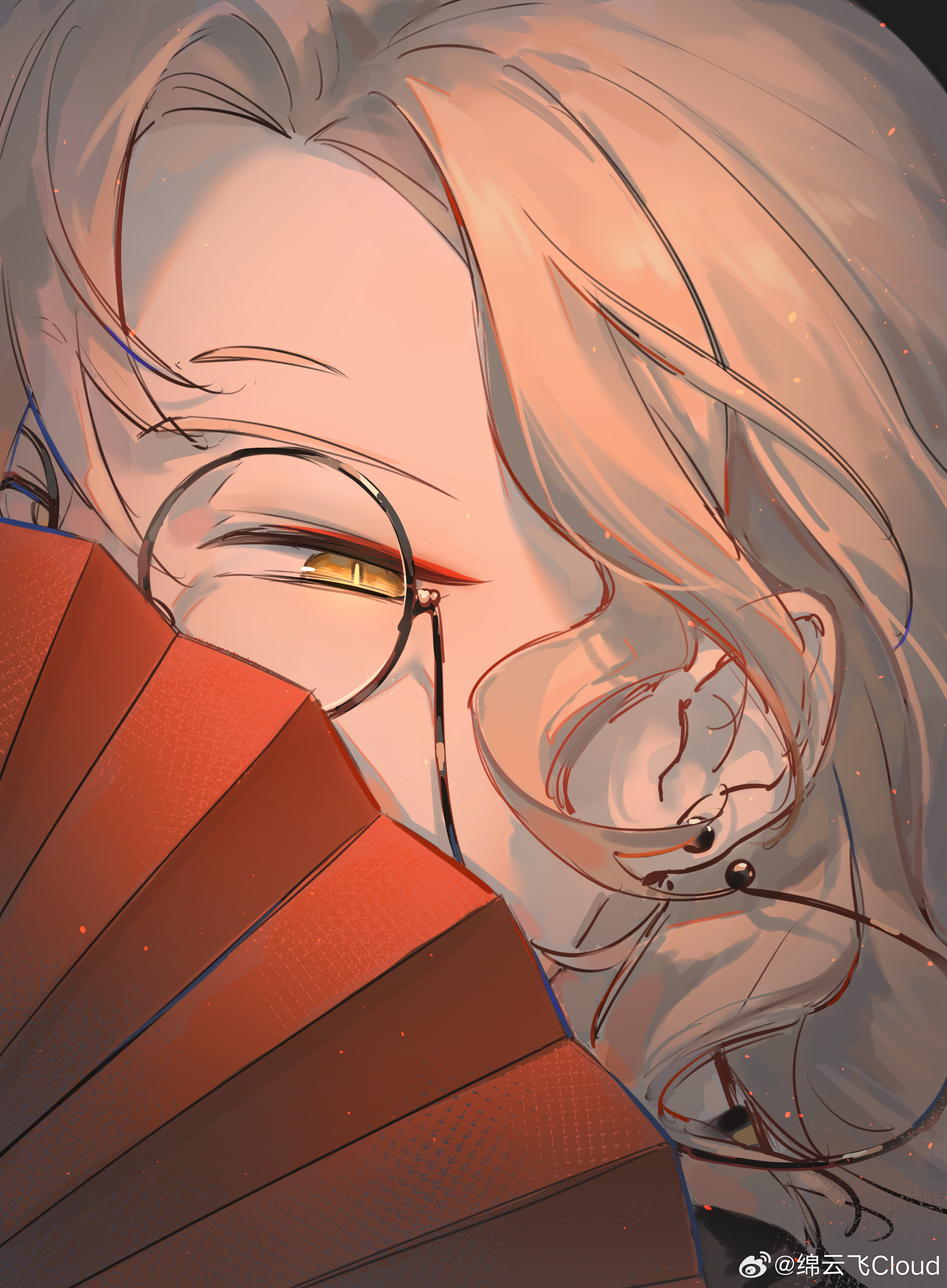 luo xiaohei zhanji, absurdres, highres, 1boy, brown hair, covered face, earrings, folding fan, glasses, hand fan, jewelry, looking at viewer, paper fan, round eyewear, solo, weibo 7546478185, ximuzi, yellow eyes