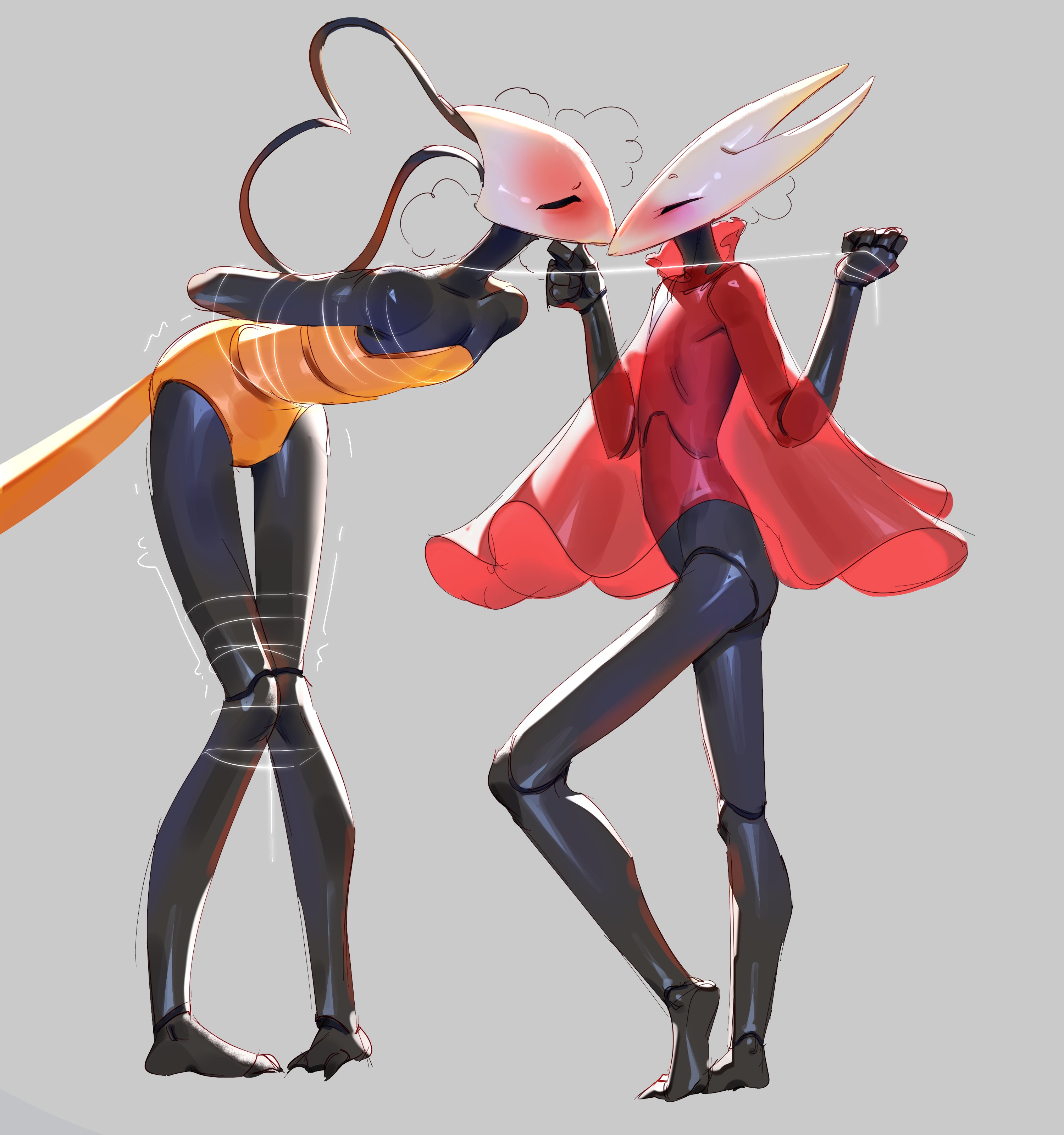 austinarts, hornet (hollow knight), shakra (hollow knight), hollow knight, hollow knight: silksong, absurdres, highres, 2girls, antennae, arthropod girl, bdsm, bent over, black skin, blush, bondage, bound, cloak, colored skin, grey background, kiss, leaning forward, multiple girls, red cloak, simple background, tall female, thigh gap, thread, yuri