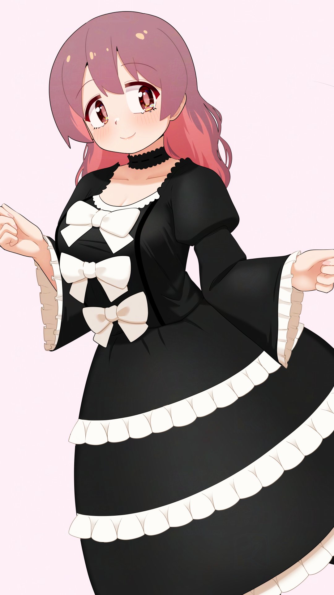 happyundergate, murosaki miyo, onii-chan wa oshimai!, commentary, highres, 1girl, alternate costume, black choker, black dress, blush, bow, breasts, brown hair, choker, colored inner hair, dress, frilled choker, frilled dress, frilled sleeves, frills, hair down, hairband, juliet sleeves, long hair, long sleeves, looking at viewer, medium breasts, multicolored hair, pink background, puffy sleeves, red eyes, red hairband, simple background, smile, solo, two-tone hair, white bow, wide sleeves