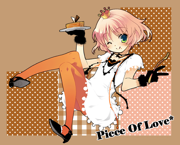yano mirura, original, 1girl, black gloves, brown background, cake, cake slice, cloud, crown, dress, english text, female focus, food, fork, gloves, green eyes, looking at viewer, one eye closed, orange pantyhose, pantyhose, pastry, plate, short hair, smile, solo, tongue, tongue out