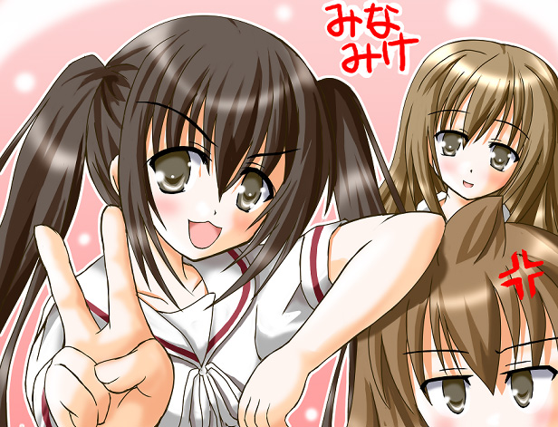 hiiragi tomoka, minami chiaki, minami haruka, minami kana, minami-ke, 00s, 3girls, ahoge, angry, brown hair, multiple girls, siblings, sisters, twintails, v