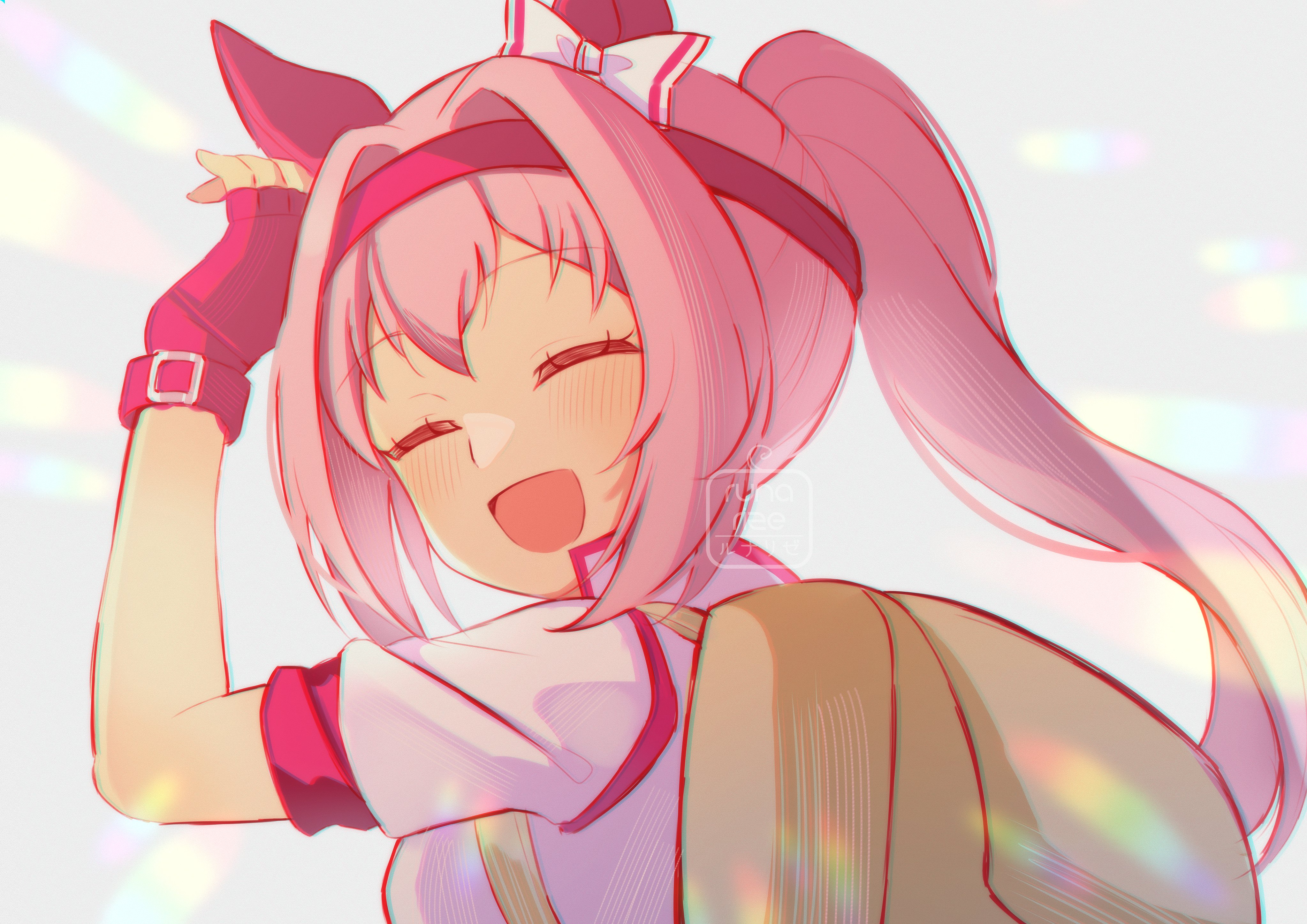 runarize, haru urara (umamusume), umamusume, absurdres, highres, 1girl, animal ears, backpack, bag, blush, bow, closed eyes, ear bow, ear covers, fingerless gloves, gloves, hairband, haru urara (bestest prize) (umamusume), headband, horse ears, horse girl, jacket, long hair, looking at viewer, open mouth, pink hair, pink headband, ponytail, red gloves, red headband, short sleeves, simple background, smile, solo, upper body, white bow, white jacket