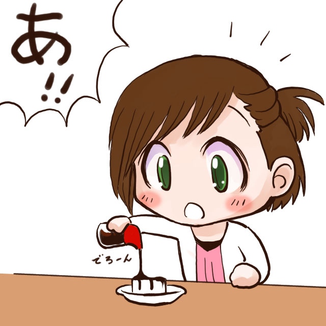 nakayama saki, 1girl, ^^^, a (phrase), brown hair, chibi, female focus, food, green eyes, pouring, solo, soy sauce, surprised