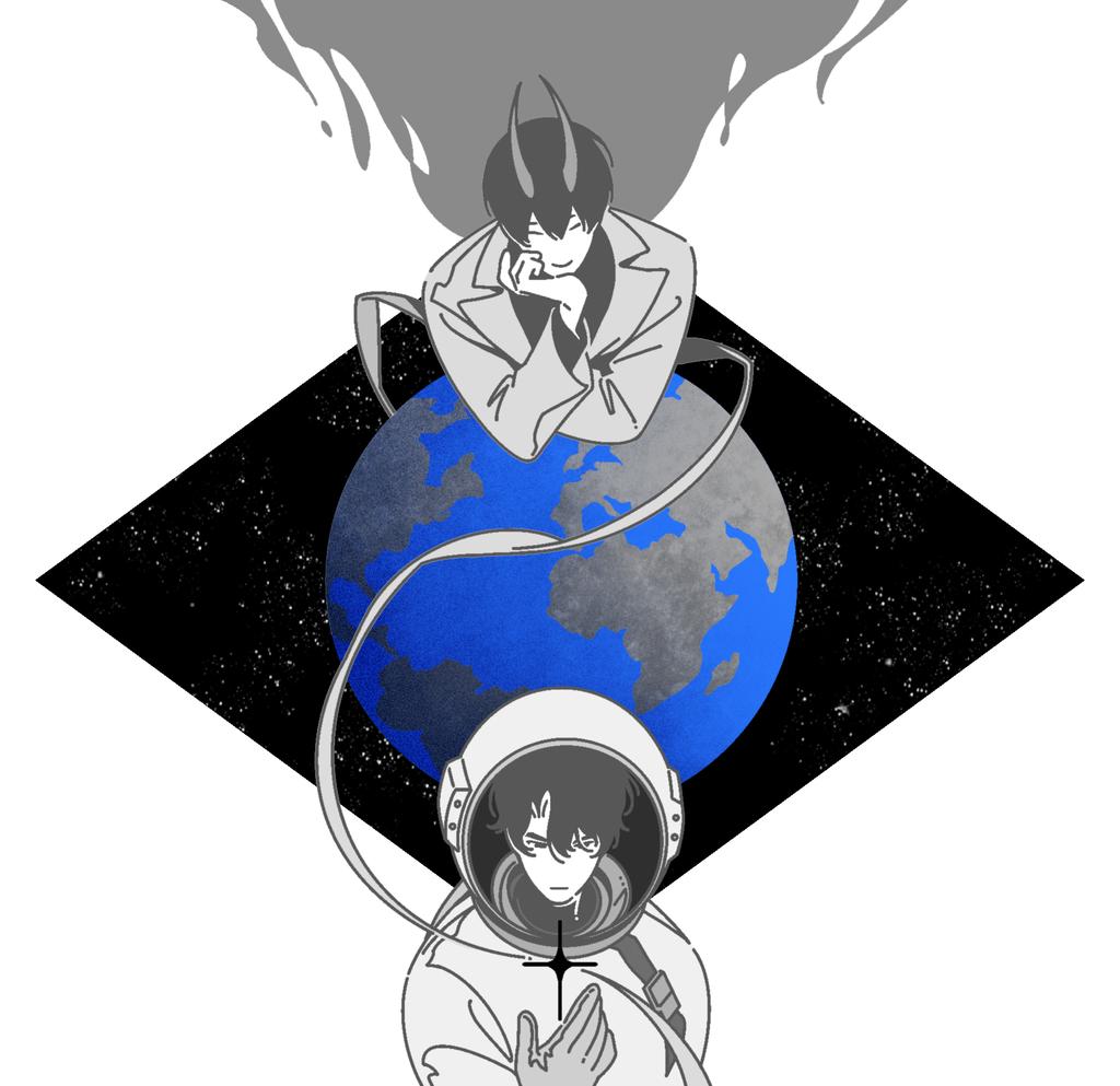 kim dokja, yoo joonghyuk, omniscient reader's viewpoint, 2boys, benkdjjituibot, black hair, black shirt, closed eyes, coat, crossed arms, curtained hair, demon horns, earth (planet), from above, full body, gloves, grey coat, grey gloves, hair between eyes, hand on own chin, helmet, horns, limited palette, looking at hand, multiple boys, official alternate costume, planet, popped collar, shirt, short hair, smile, space, space helmet, spacesuit, sparkle, tether, walking