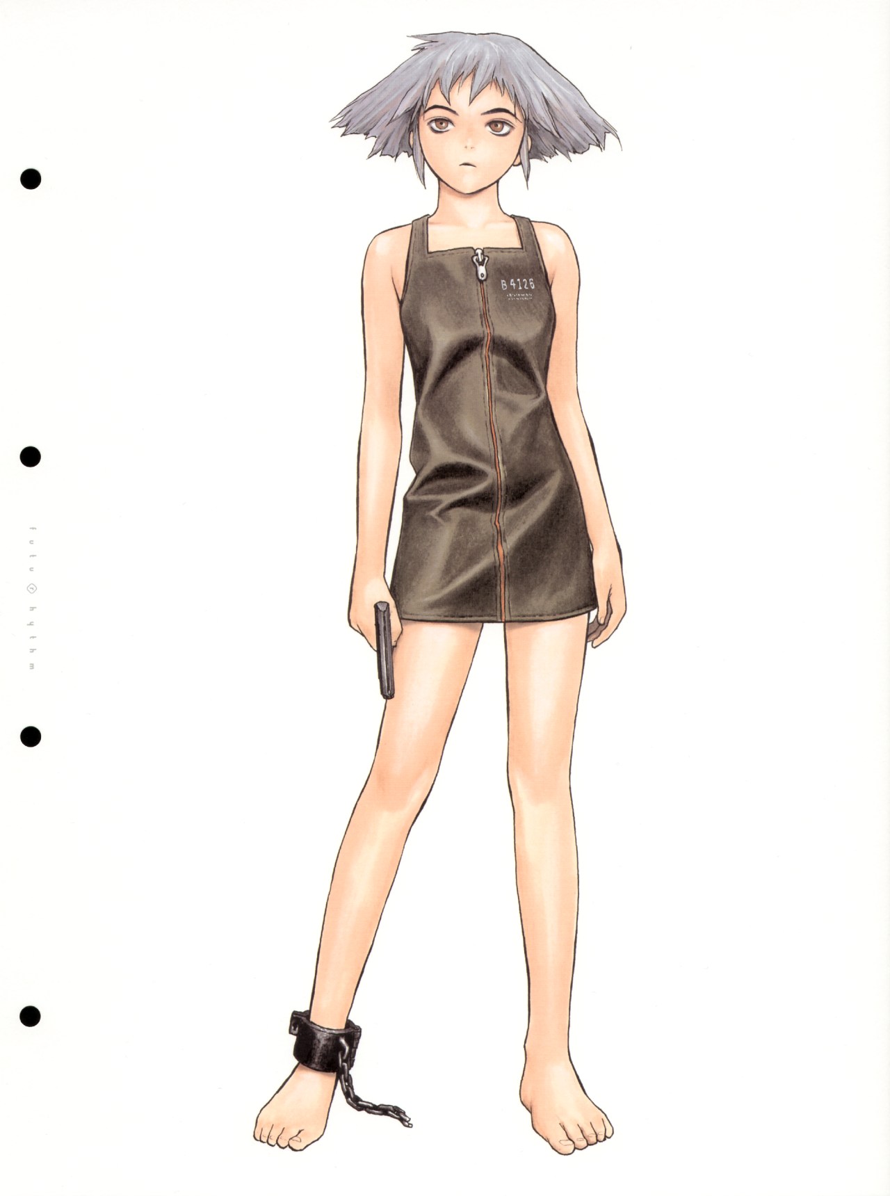murata range, futurhythm, silver hair, highres, ankle chain, barefoot, cuffs, full body, gun, prisoner, shackles, solo, weapon
