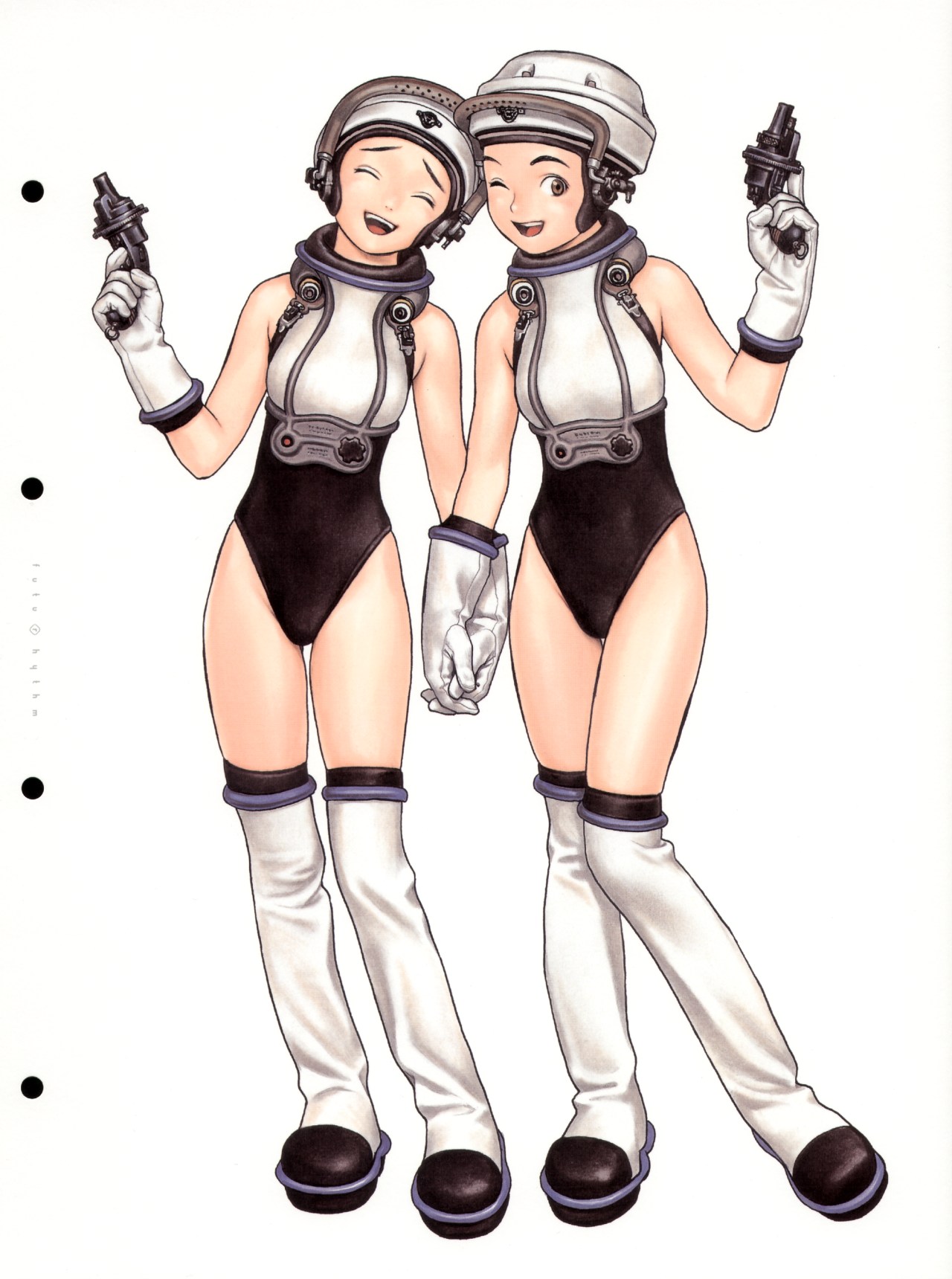 murata range, futurhythm, highres, 2girls, gun, helmet, highleg, highleg leotard, holding hands, leotard, multiple girls, science fiction, siblings, simple background, sisters, spacesuit, standing, twins, weapon, white background