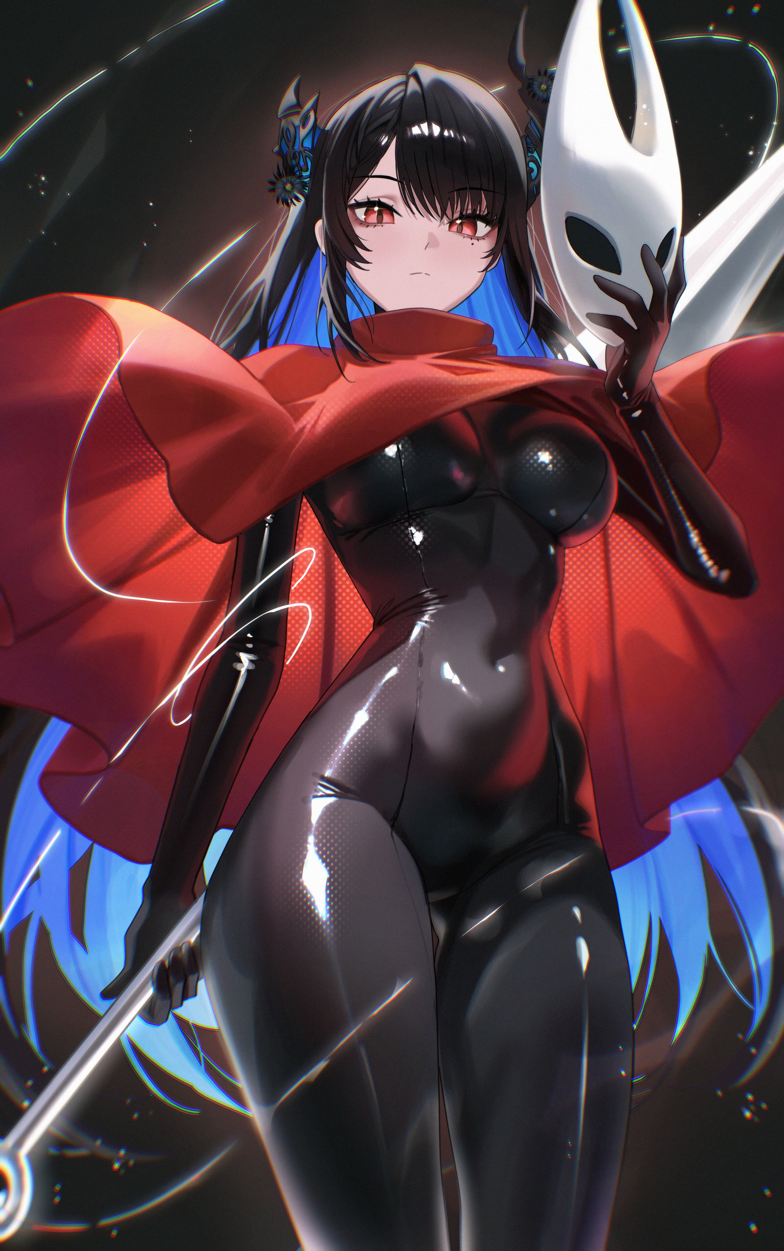 pantsu shot, hornet (hollow knight), nerissa ravencroft, hololive, hololive english, absurdres, highres, 1girl, black bodysuit, black hair, blue hair, bodysuit, breasts, cape, cosplay, demon horns, holding, holding mask, holding polearm, holding weapon, hornet (hollow knight) (cosplay), horns, large breasts, mask, mole, mole under eye, multicolored hair, polearm, red cape, red eyes, skin tight, solo, two-tone hair, virtual youtuber, weapon