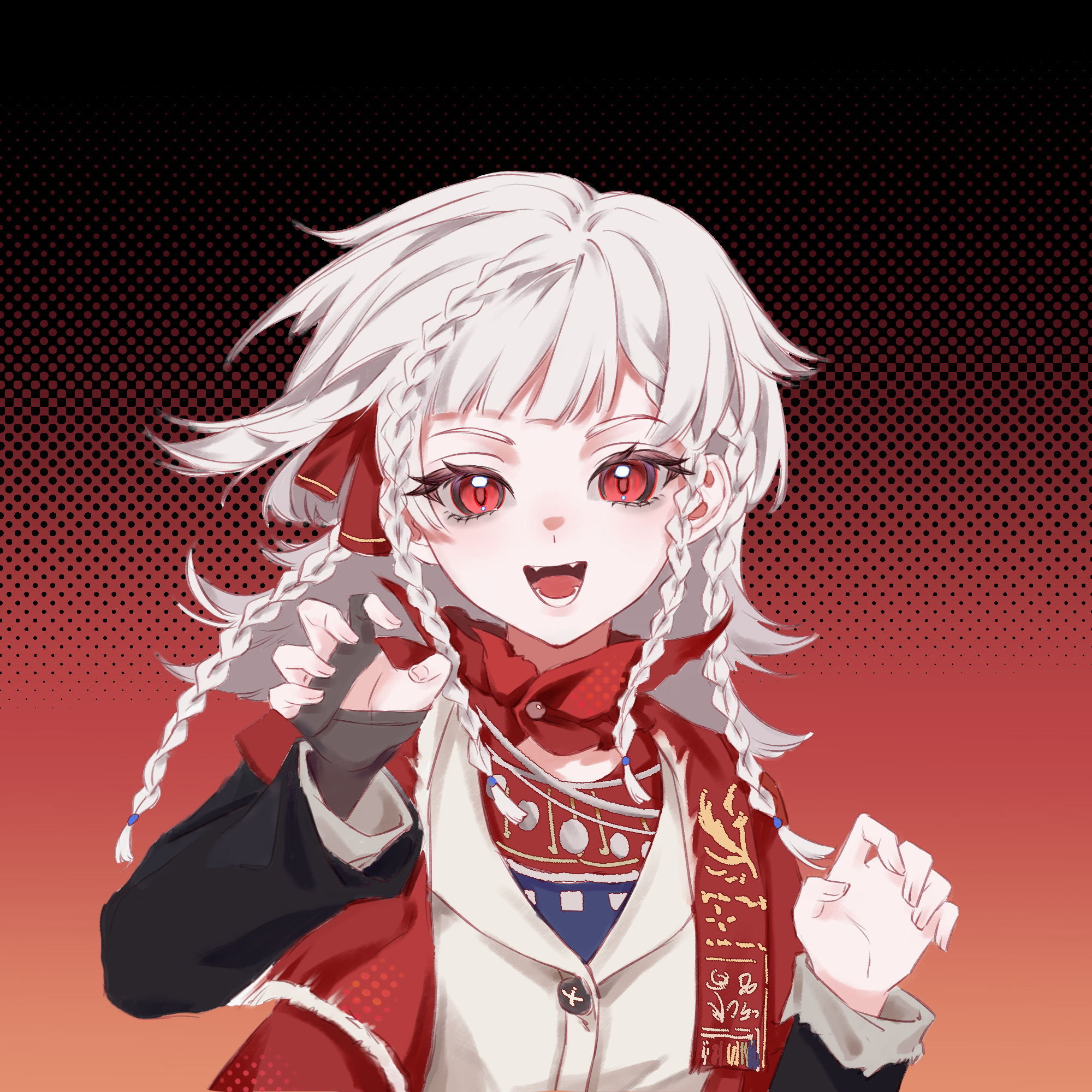 rubuska, reverse:1999, highres, 1girl, :d, black coat, brown gloves, claw pose, coat, fangs, fingerless gloves, gloves, gradient background, halftone, halftone background, hand up, hands up, jacket, long hair, looking at viewer, open mouth, quad braids, red background, red eyes, red scarf, scarf, single glove, smile, solo, teeth, upper body, white hair, white jacket, xinyu yu