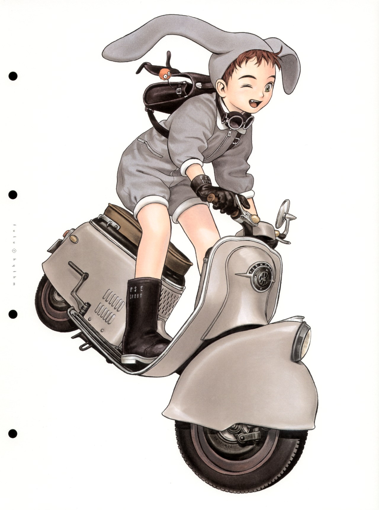 murata range, futurhythm, vehicle, gender request, highres, androgynous, animal ears, full body, motor vehicle, rabbit ears, scooter, solo