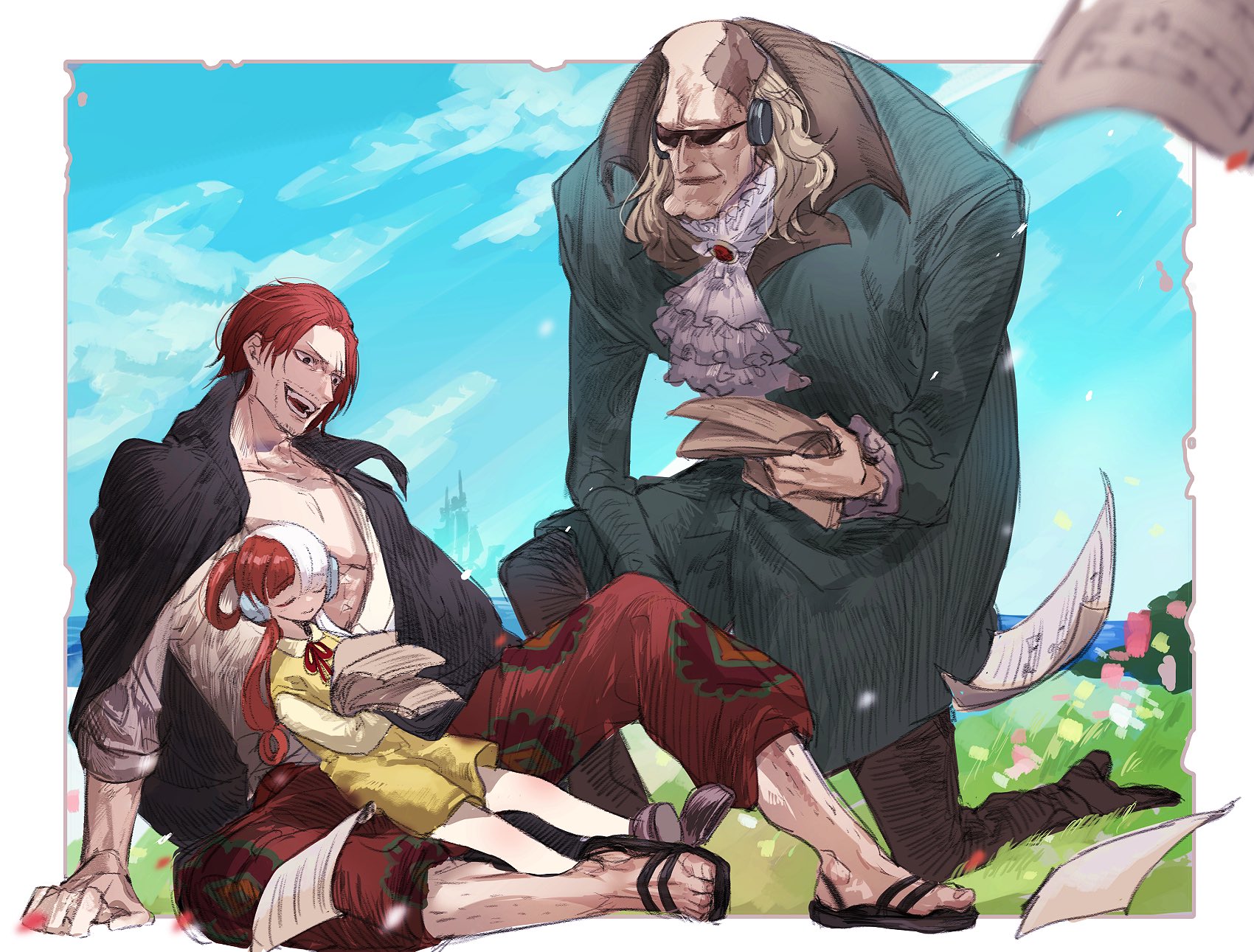 sazu 00, gordon (one piece), shanks (one piece), uta (one piece), one piece, one piece film: red, commentary request, highres, 1girl, 2boys, aged down, ascot, beard stubble, black cape, cape, closed eyes, coat, dress, facial hair, father and daughter, hair over one eye, headphones, holding, holding paper, leg hair, multiple boys, outdoors, paper, red hair, sandals, sheet music, shirt, sleeping, sleeping on person, smile, stubble, sunglasses, white ascot, white shirt, yellow dress