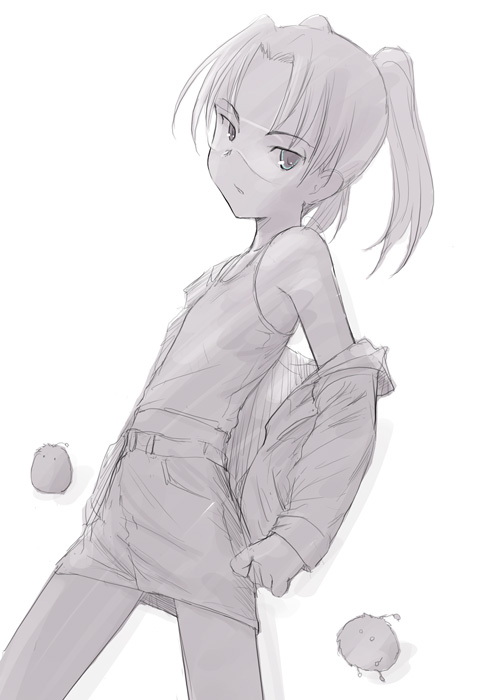 akikaze shirakumo, amasawa yuuko, mojo (dennou coil), dennou coil, 00s, 1girl, female focus, glasses, greyscale, miniskirt, monochrome, pencil skirt, sketch, skirt, solo, tank top, twintails