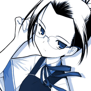 akikaze shirakumo, lowres, 1girl, adjusting eyewear, blue theme, cold-blood, female focus, glasses, monochrome, ponytail, solo, staring