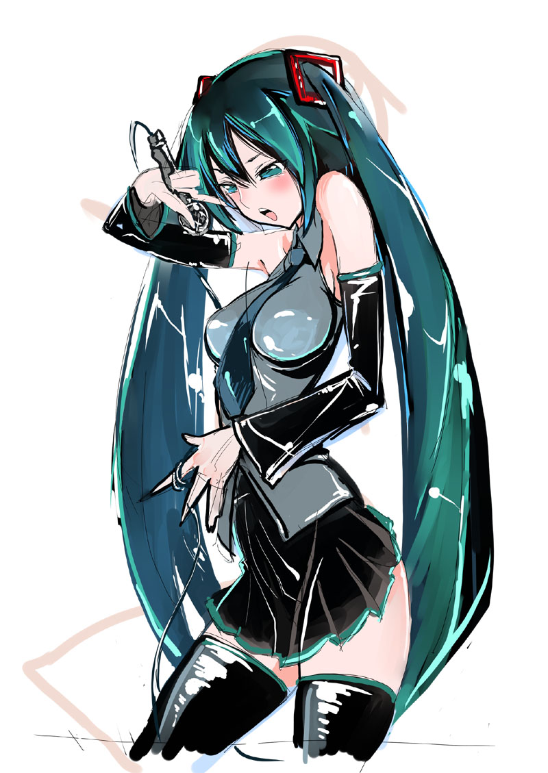 hatsune miku, vocaloid, 1girl, arm up, bare shoulders, black skirt, black thighhighs, blush, breasts, cable, cowboy shot, cropped legs, detached sleeves, female focus, green eyes, green hair, grey shirt, hair between eyes, holding, long hair, long sleeves, matching hair/eyes, microphone, miniskirt, necktie, open mouth, pleated skirt, shirt, sketch, skirt, sleeveless, sleeveless shirt, solo, thighhighs, twintails, very long hair, white background, wide sleeves, zettai ryouiki