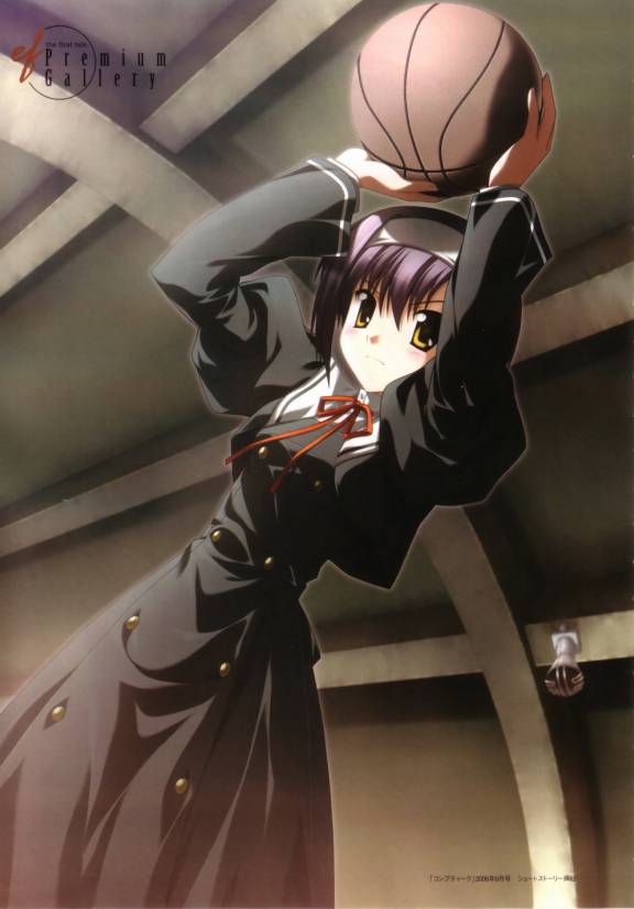 nanao naru, shindou kei (ef), ef (visual novel), 00s, ball, basketball, basketball (object), school uniform, serafuku, solo