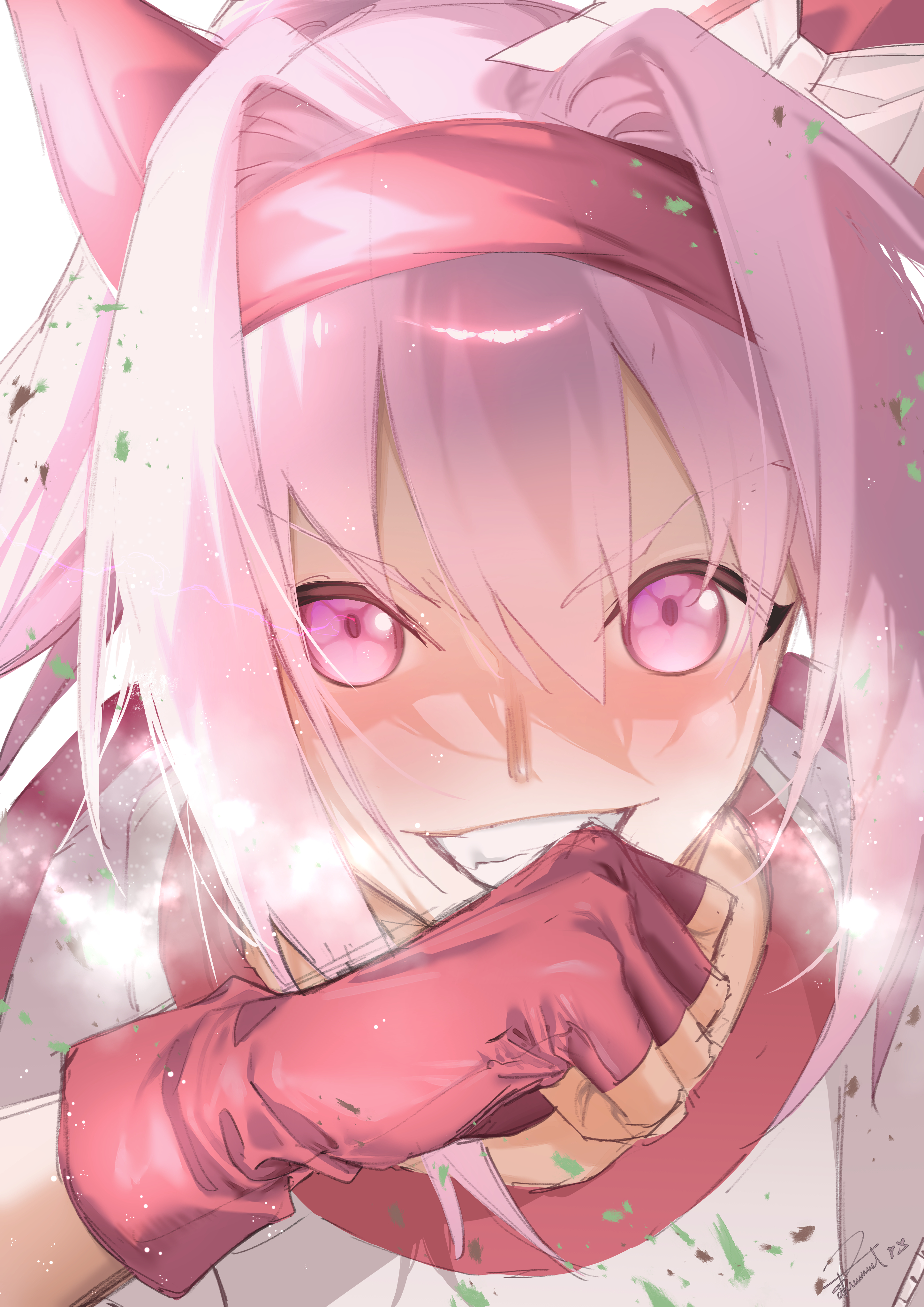 poison17, haru urara (umamusume), umamusume, absurdres, highres, 1girl, animal ears, blush, ear covers, fingerless gloves, gloves, grin, hair between eyes, hair intakes, horse ears, horse girl, long hair, looking at viewer, pink hair, purple eyes, red gloves, shirt, sidelocks, smile, solo, white shirt
