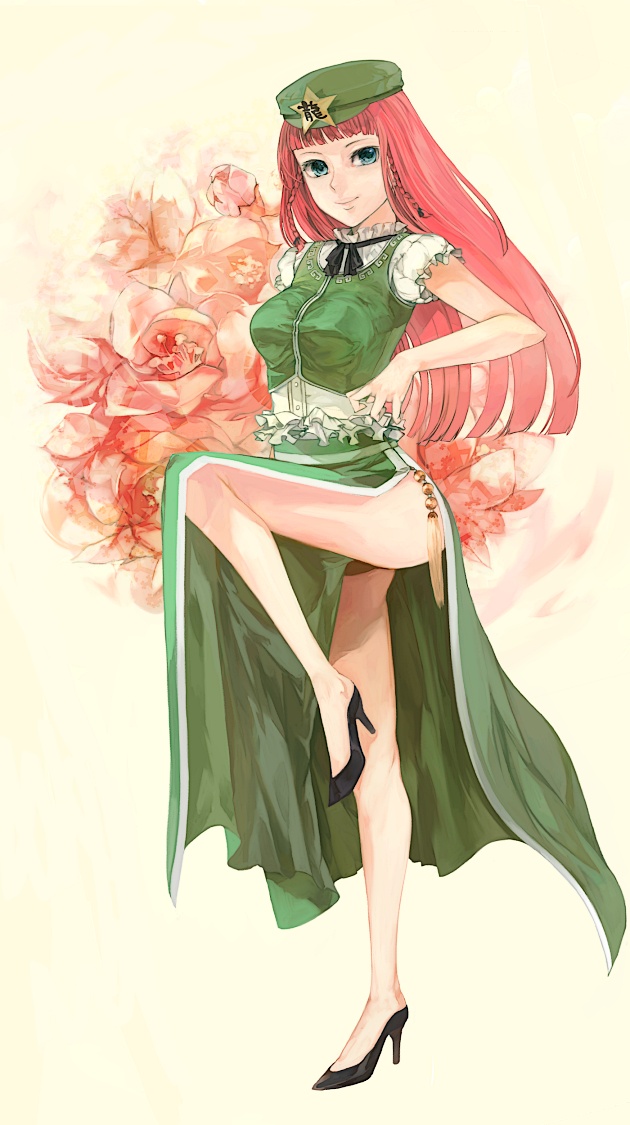 xero, hong meiling, immaterial and missing power, touhou, 1girl, beret, blue eyes, braid, china dress, chinese clothes, dress, female focus, fighting stance, full body, green dress, hat, high heels, long hair, looking at viewer, puffy short sleeves, puffy sleeves, red hair, short sleeves, simple background, solo, standing, standing on one leg, star (symbol), twin braids, very long hair, yellow background