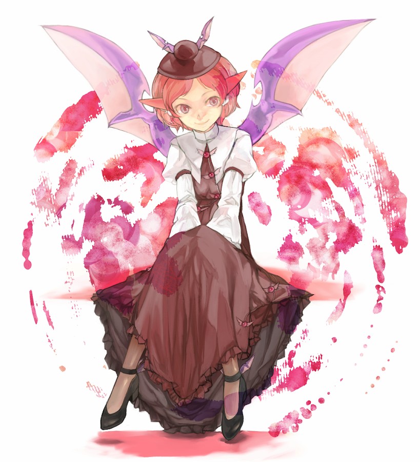 xero, mystia lorelei, touhou, 1girl, alternate wings, animal ears, dress, female focus, grey eyes, hat, red hair, short hair, smile, solo, wings
